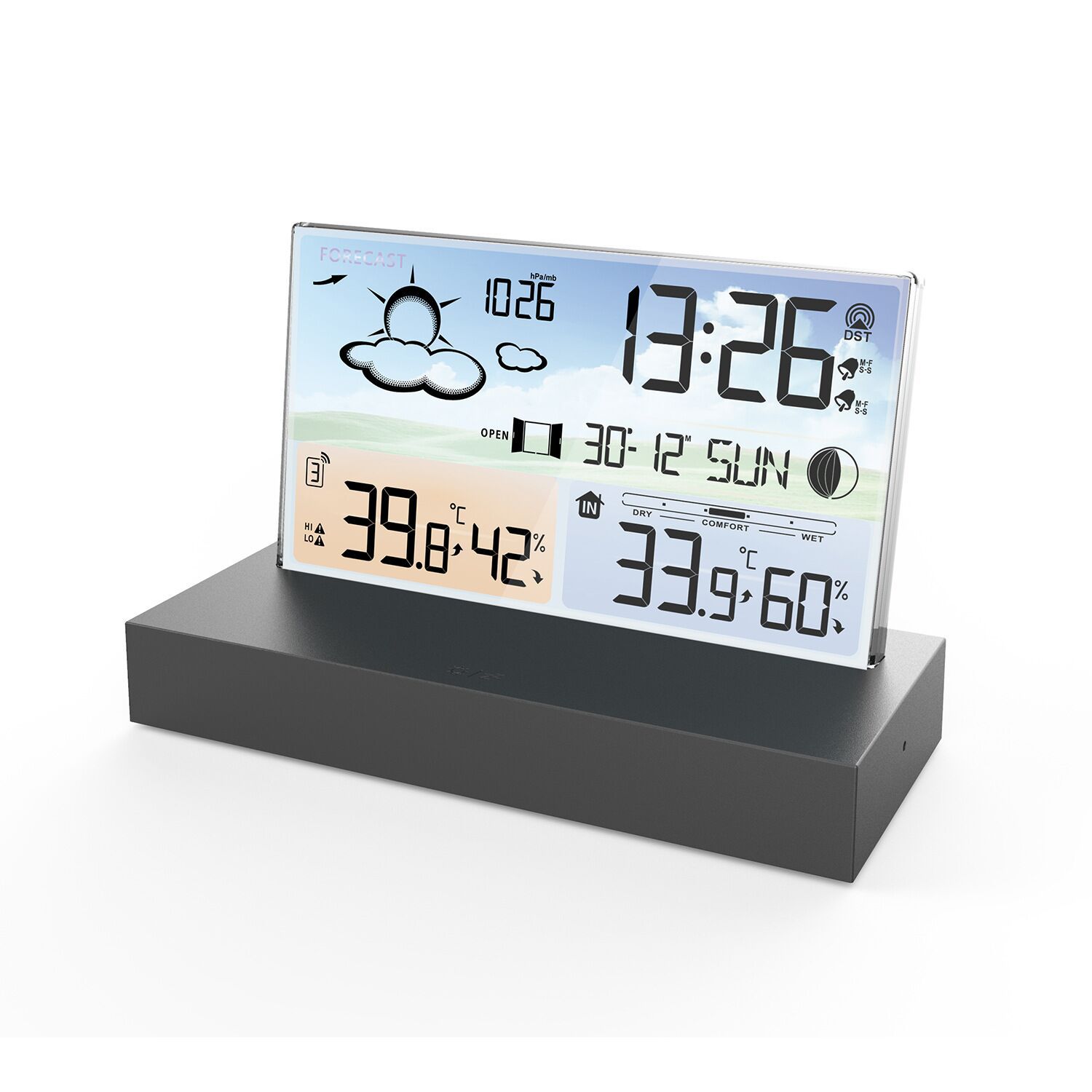 Station Météo Électronique Design Verre Transparent, Réveil Avec Prévisions 12h, Capteur Extérieur Sans Fil 433mhz, Température Humidité Pression, Écran Couleur
