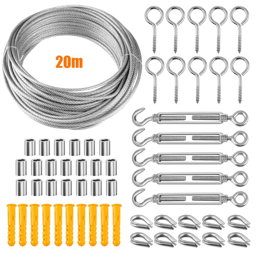 Kit De Suspension En Acier Inoxydable 304 - 20m De Câble Gainé Avec Tendeurs, Pour Corde De Tente, Séchoir À Linge Et Éclairage Extérieur De Jardin