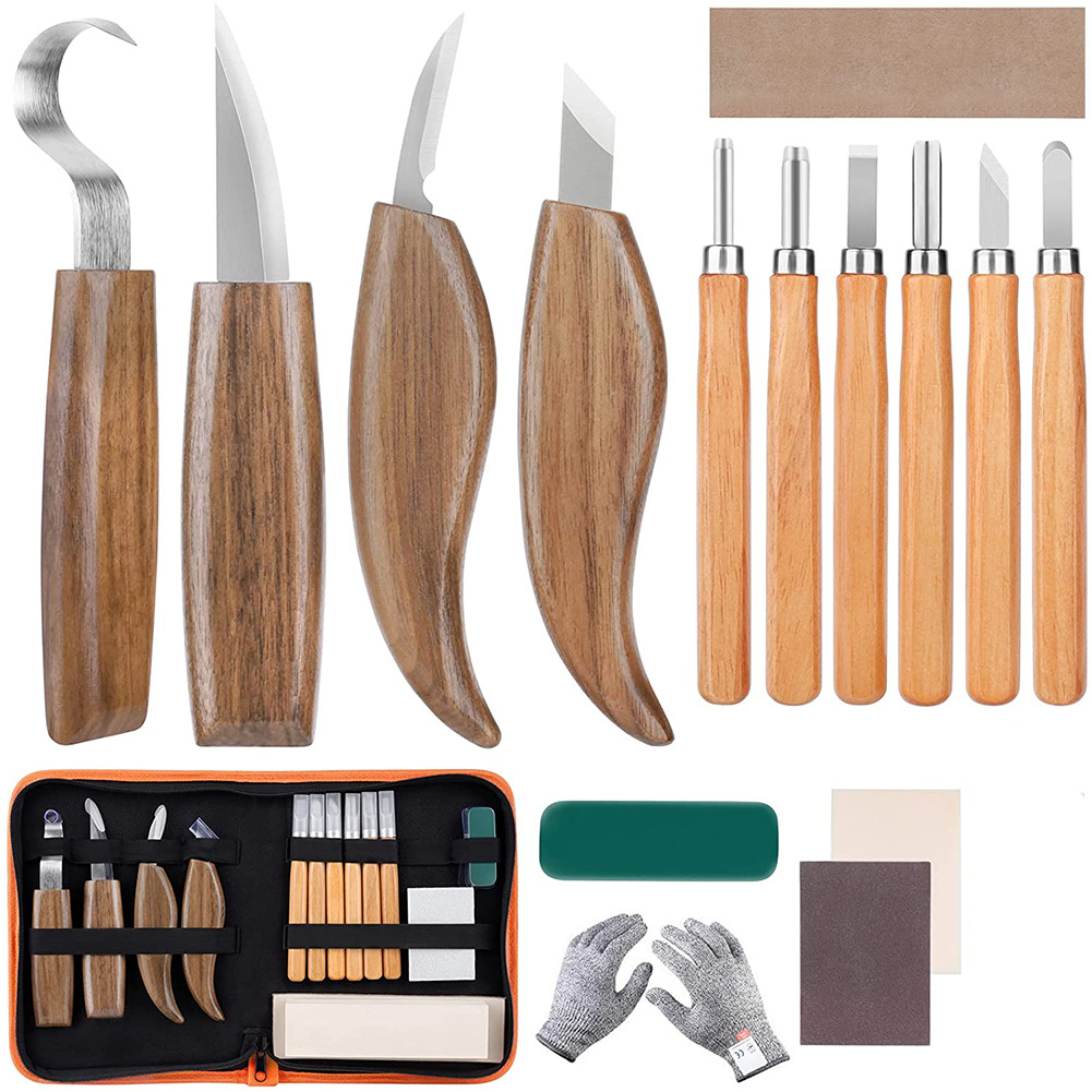 Kit De Débutant Pour Sculpture Sur Bois - 15 Couteaux Et Gouges Avec Étui Et Gants De Protection - Outils De Menuiserie Et Artisanat