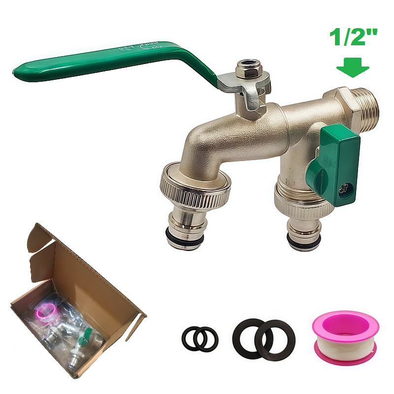 Robinet Extérieur 1/2", Double Sortie 3/4, Arrosage Sphère, Laiton Qualité, Jardin, Machine À Laver, Baril De Pluie