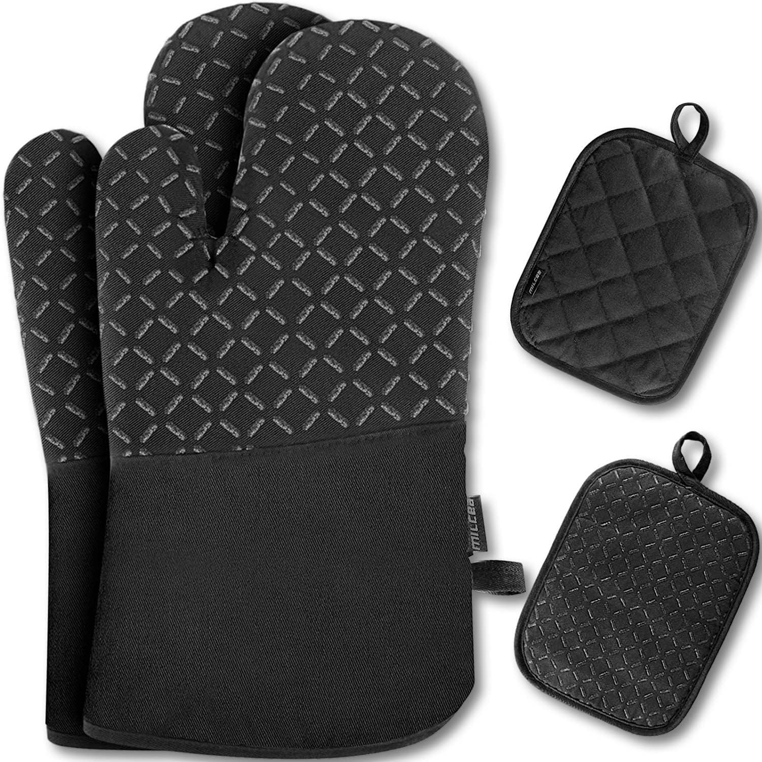 Maniques Et Gants De Cuisine En Silicone Et Coton - Lot De 4 - Résistants À La Chaleur (30 X 18 Cm) - Set De Protection