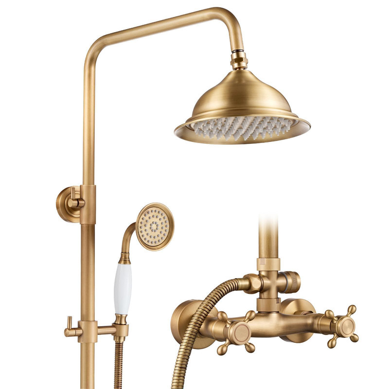 Auralum Retro Duschsystem Antik Gold Duschsystem Antik Duschsäulen Einstellbar Regendusche Mit Rain Shower Regendusche Einzelgriff Antik Messing Fertig