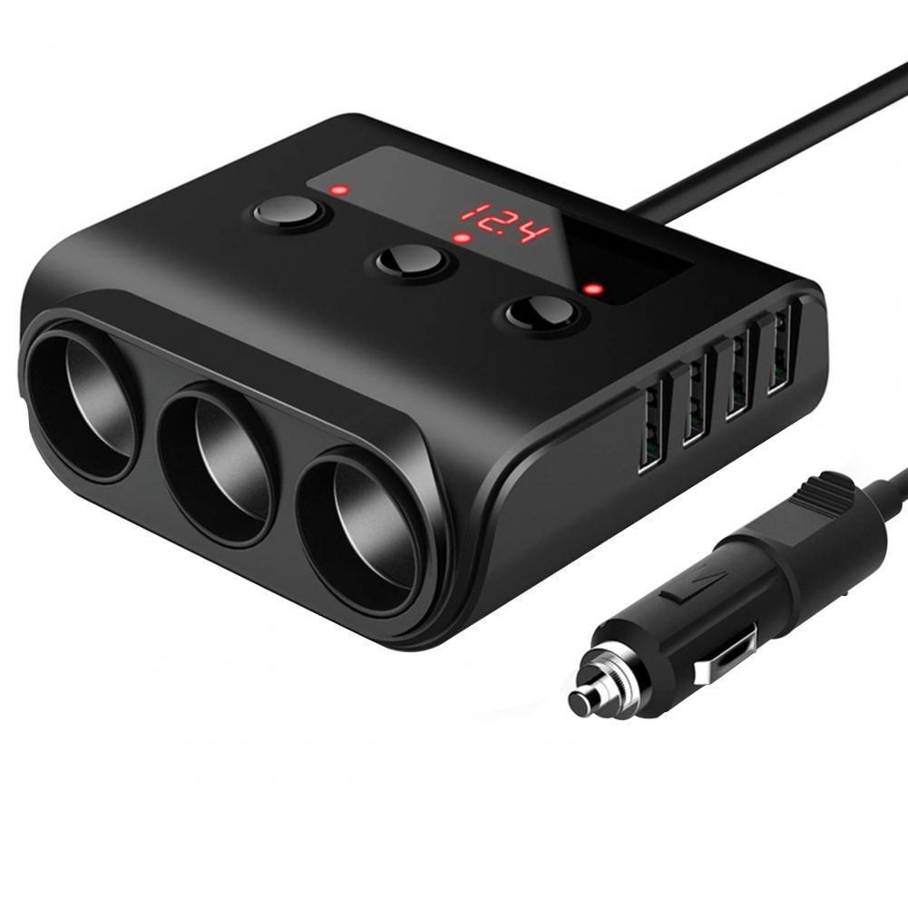 120-w-kfz-zigarettenanzünder Mit 3-in-1-schalter, Spannungsanzeige, 4 Usb-anschlüssen Und 1-zu-3-ladefunktion – Schwarz + Schwarz