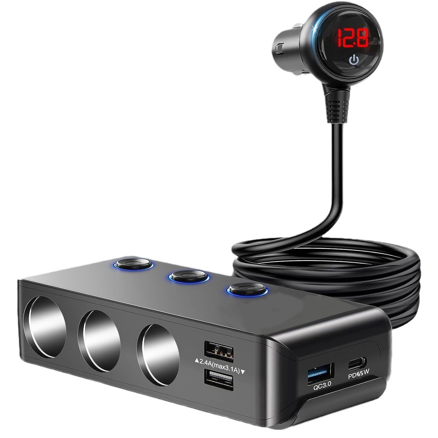 Autoladegerät Mit 120w Hoher Ausgangsleistung, 1 Bis 3 Zigarettenanzünderbuchsen, 4 Usb-anschlüssen, Digitalanzeige Und Separatem Schalter Tr30p -- Komplett Schwarz.