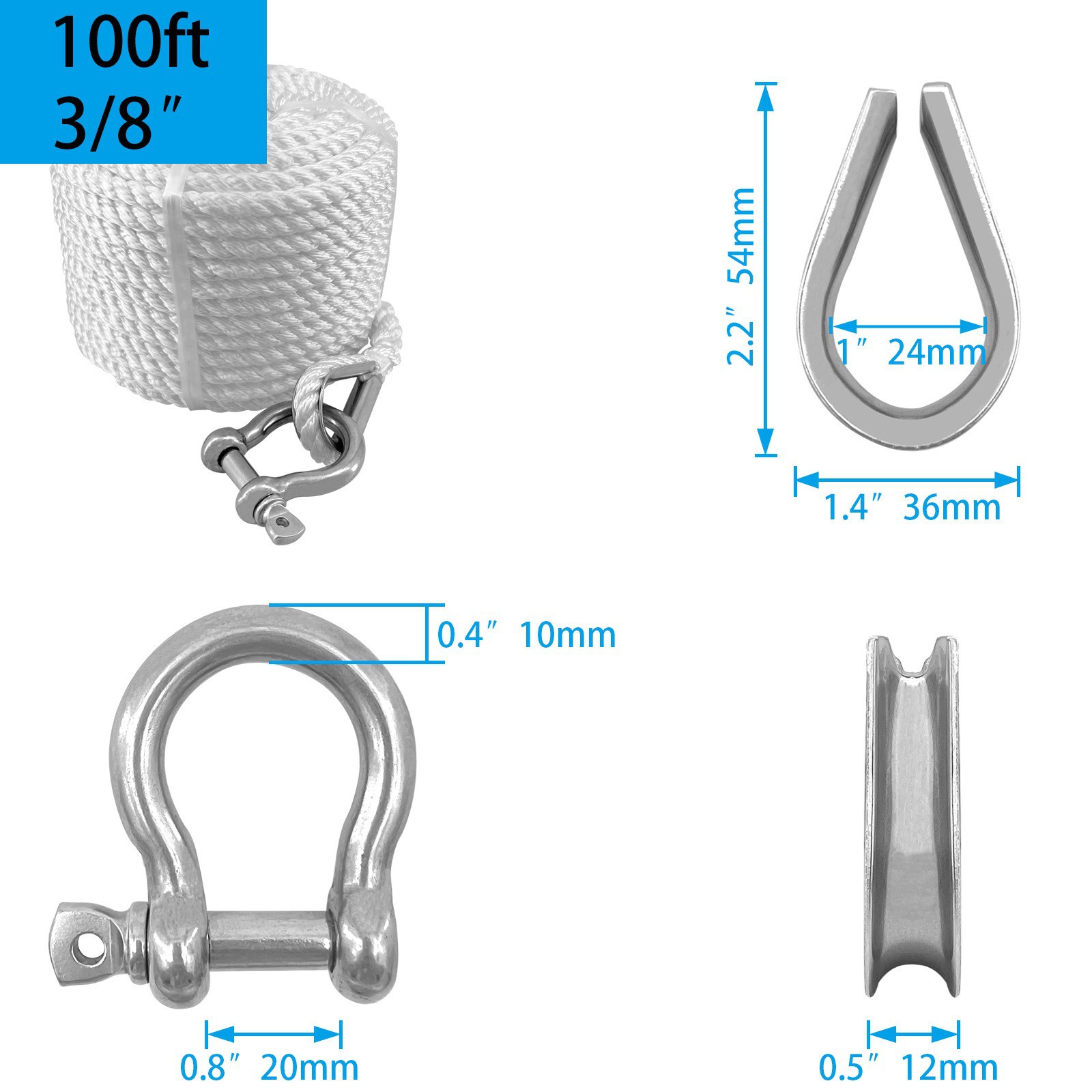 Doppelt Geflochtenes Ankerseil Aus Nylon Für Den Marinebereich, Platin-dockseil, Trockendockseil, Festmacherleine, Bootszubehör – 9 Mm X 100 Fuß (mit Schäkel)