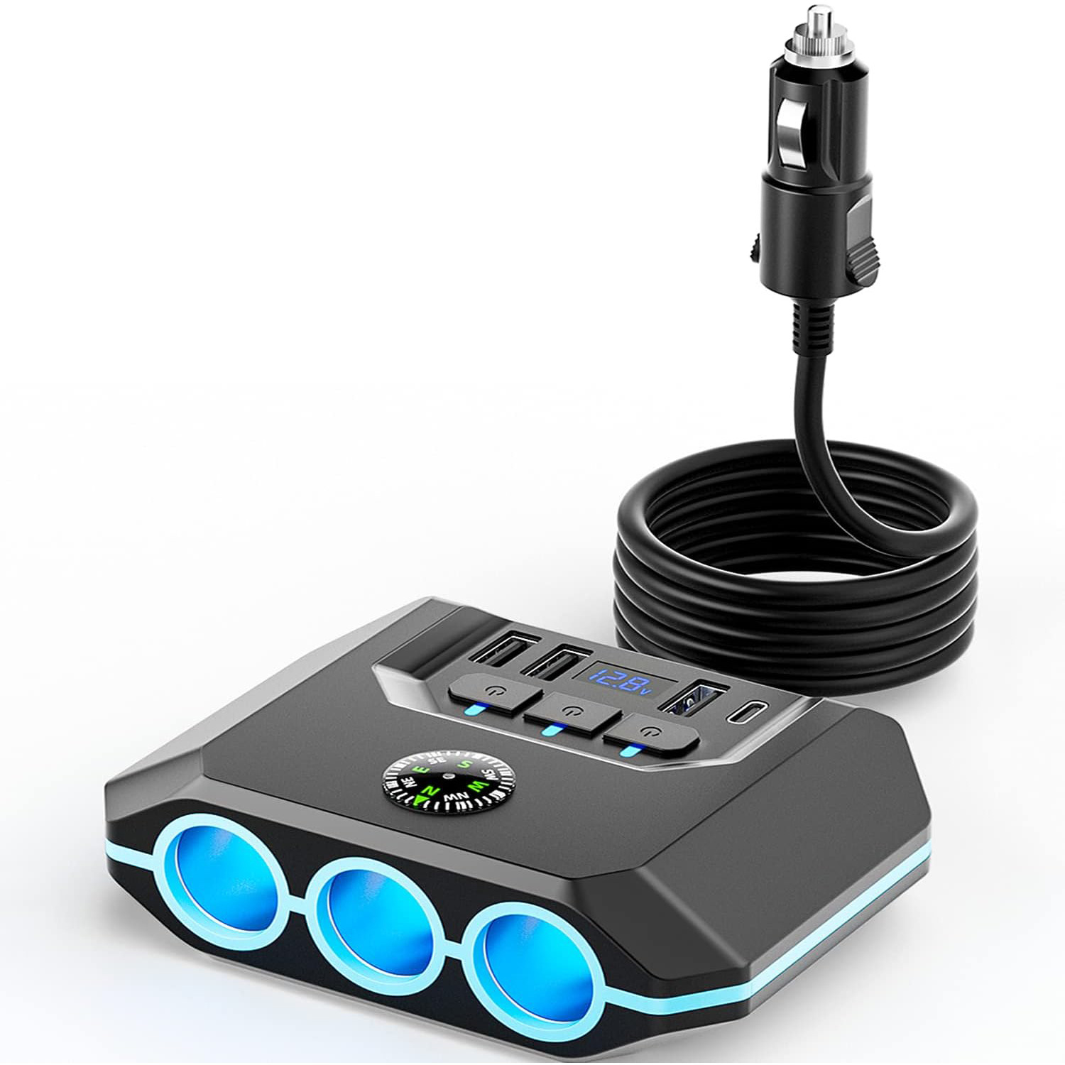 Neues Tr52 Autoladegerät Mit 120 W, 3-in-1-anschluss, Schalter, Spannungsanzeige Und 4 Usb-anschlüssen -- Tr52