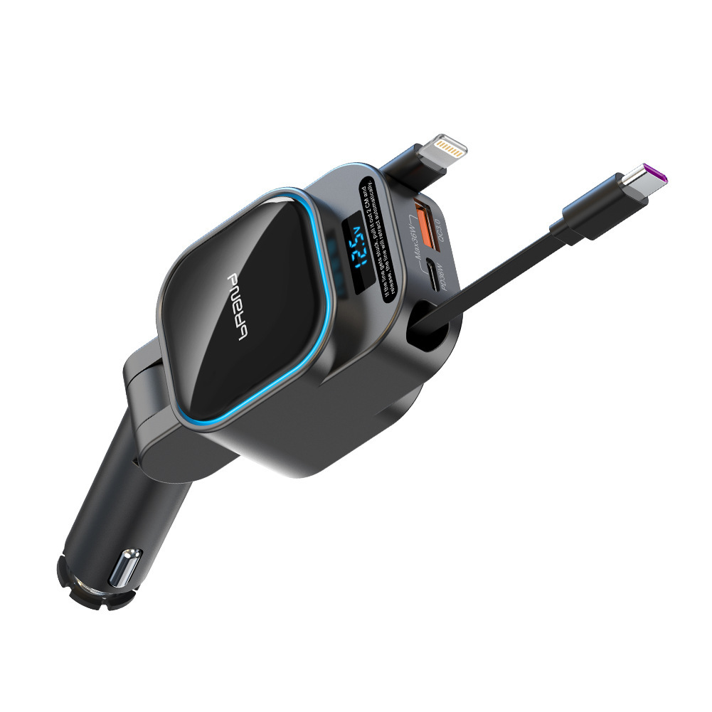 Sc07 Autoladegerät Mit Einziehbarem Kabel, Unterstützt Apple- Und Huawei-geräte, 4-in-1-superschnellladung, Digitalanzeige – Superschnelllade-autoladegerät [apple + Typ-c]