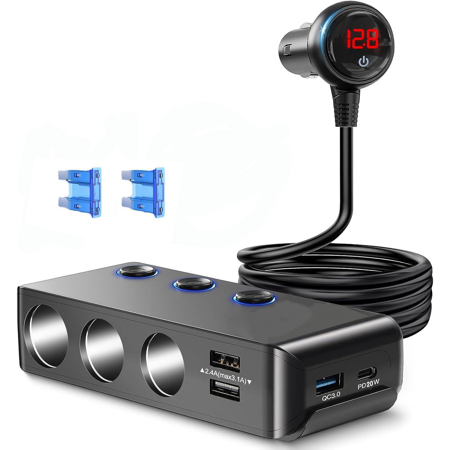 Tr30p Kfz-zigarettenanzünder Mit 3-in-1-anschluss, 4 Usb-anschlüssen, Separatem Schalter, Qc3.0/pd-schnellladefunktion, 120 W Leistung Mit Display – Qc3.0/pd-schnellladeversion