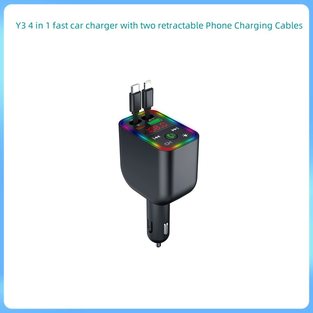 Y3 4-in-1 Mp3-player, Schnellladefunktion, Siebenfarbiges Licht, Bluetooth-autoladekabel Mit Stretchfunktion, Kompatibel Mit Apple Und Huawei.
