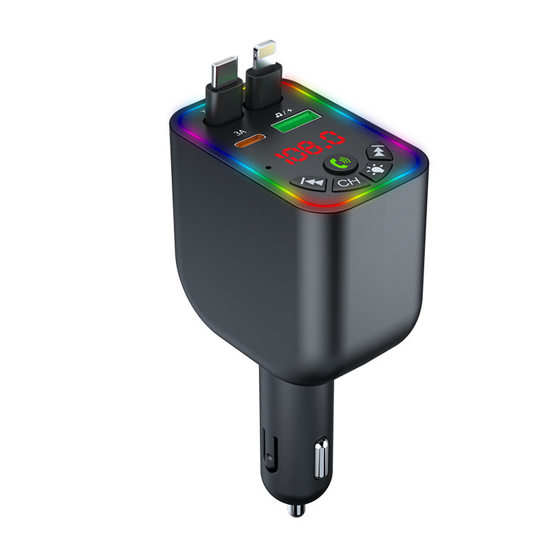 Y5 Bluetooth-mp3-autoladegerät Mit Einziehbarem Kabel, Zigarettenanzünderfunktion Für Apple Und Huawei, Superschnellem Laden, Digitalem Display – Y5 Superschnelles Autoladegerät Mit Digitalem Display