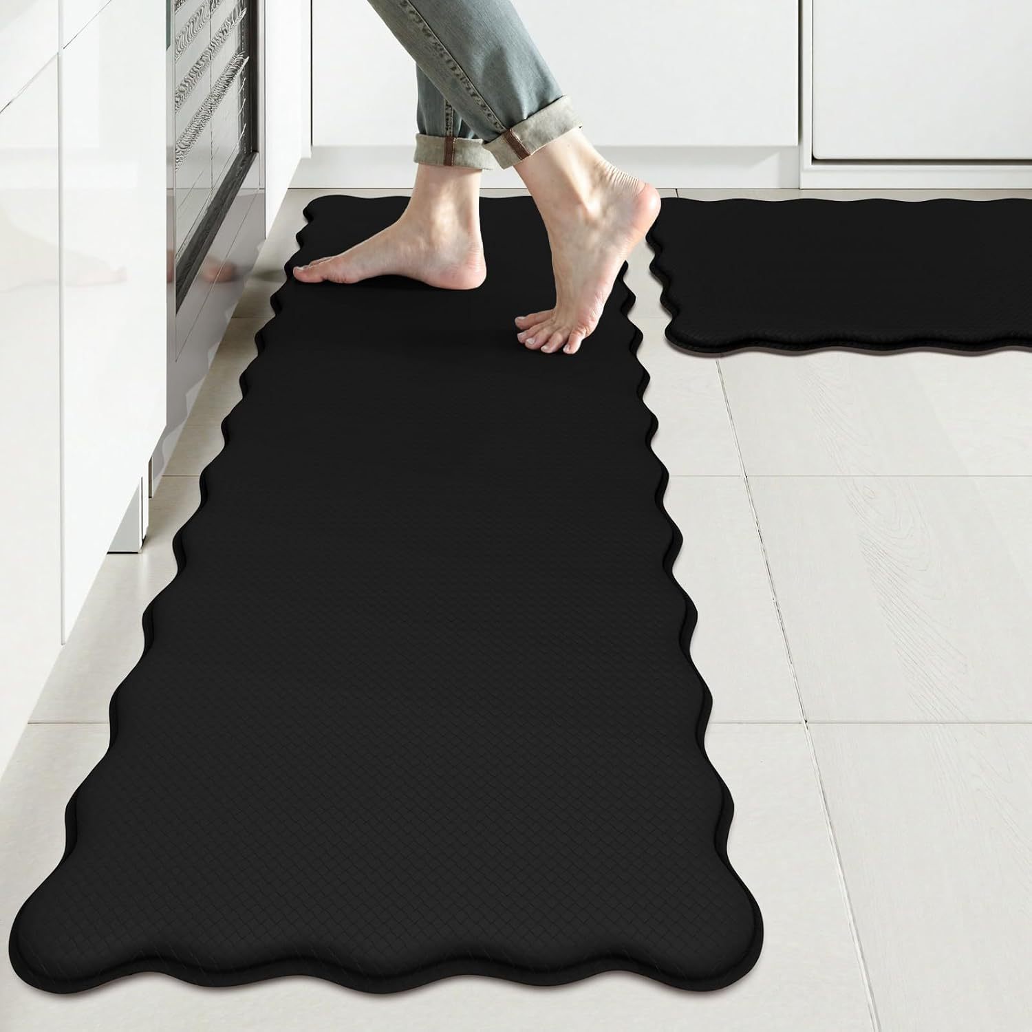 Öl- Und Wasserabsorbierende, Anti-ermüdungsbeständige Küchenmatte, Rutschfeste Badmatte, Einfarbige Fußmatte Mit Gewelltem Rand, Wc-fußmatte – Spitze – Schwarz – 51 X 99 X 1,0 Cm