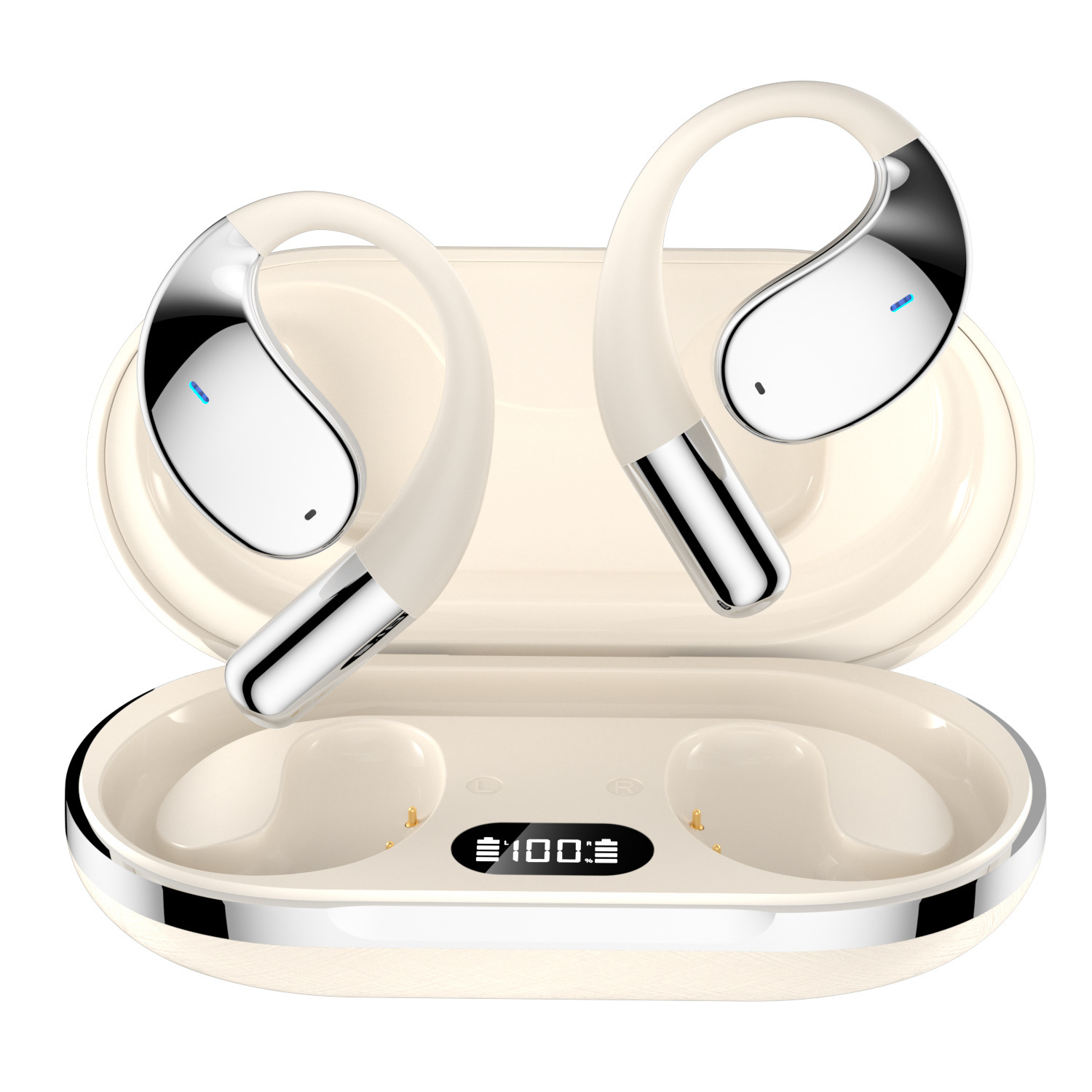 Kabelloser Bluetooth-kopfhörer Mit Ohrbügeln, Ki-simultanübersetzung Und Extrem Langer Akkulaufzeit – Ows Sportkopfhörer – Q39 Beige Mit Übersetzungsfunktion