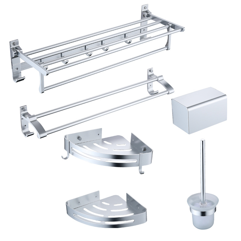 Handtuchhalter-set Fürs Badezimmer – Hochwertiges Aluminium, Bohrfreie Wc-halterung, Montagematerial – Fünfteiliges Set In Glänzendem Silber