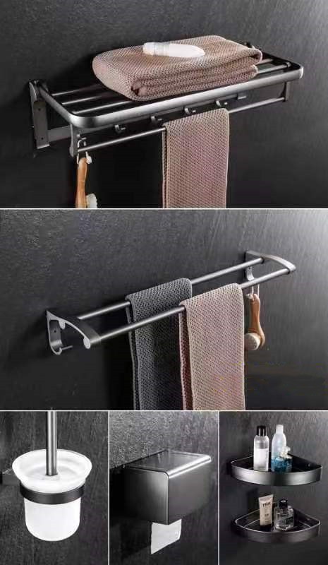 Klappbarer Handtuchhalter In Gunmetal-grau (kein Bohren Erforderlich), Zweistöckiges Badezimmerregal, Wc-handtuchhalter, Badezimmer-set – Fünfteiliges Set In Gunmetal-grau
