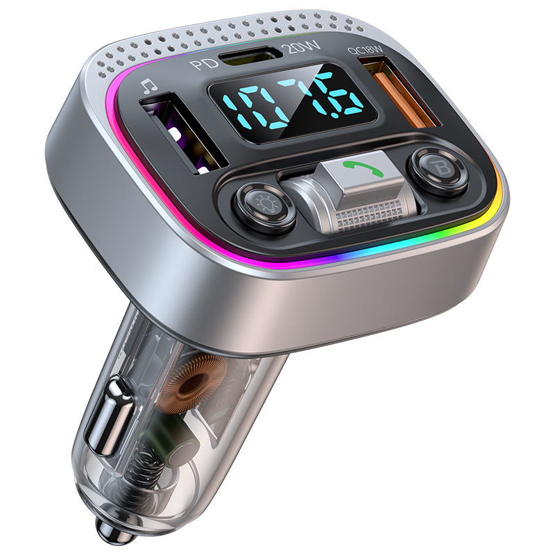 Pd20w+qc3.0 Auto-bluetooth-mp3-player Mit Licht, Freisprecheinrichtung, Fm-radio Und Siebenfarbiger Ambientebeleuchtung – Silber