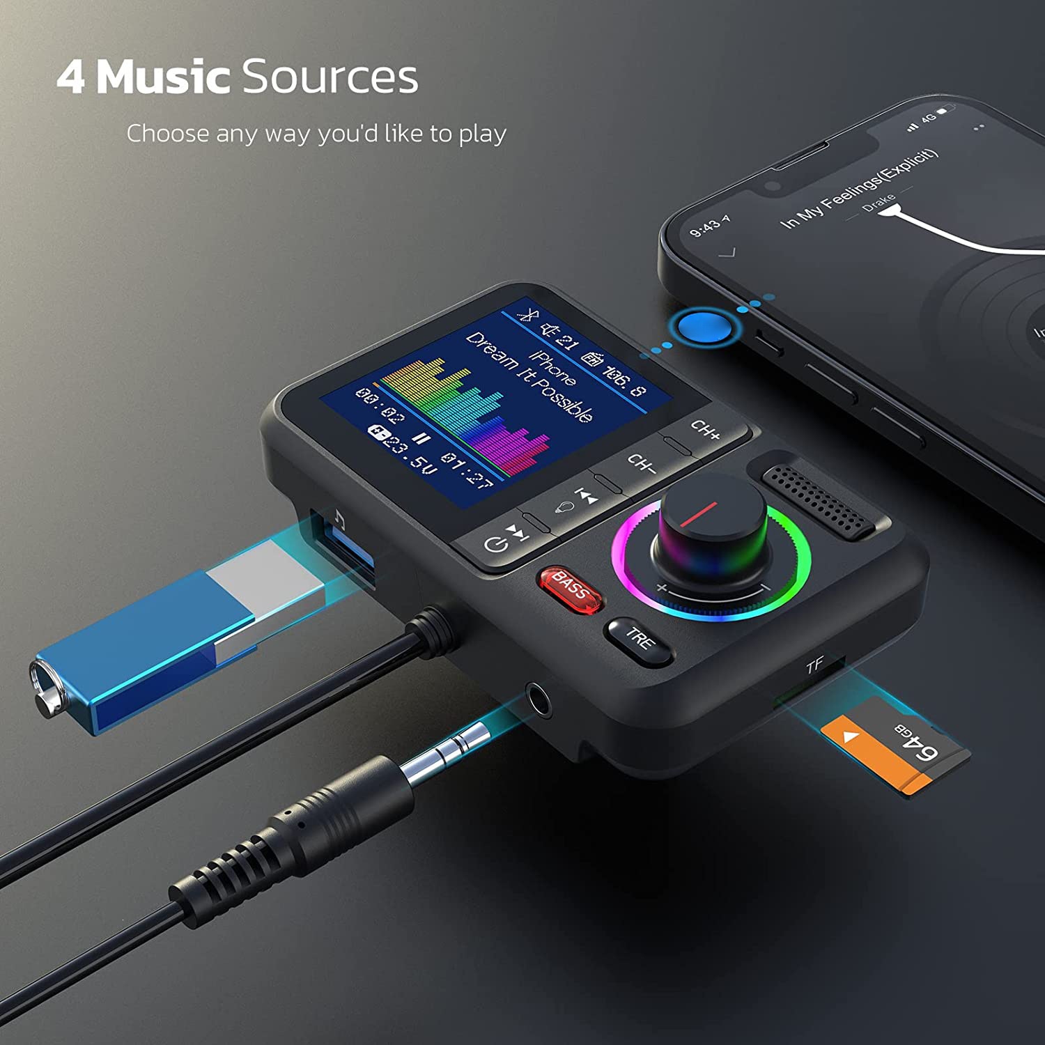 Bt98 Neuer Bluetooth-mp3-player Fürs Auto Mit Qc3-schnellladefunktion, Farbdisplay, Ambientebeleuchtung, Fm-transmitter Und Freisprecheinrichtung – Schwarz