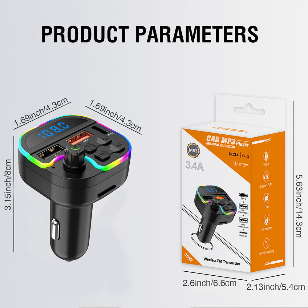 Bluetooth-mp3-player Fürs Auto, Freisprechfunktion, Wiedergabe Von Usb-sticks/karten, Fm-transmitter, Ambientebeleuchtung In Sieben Farben – M53 Mit Verpackung