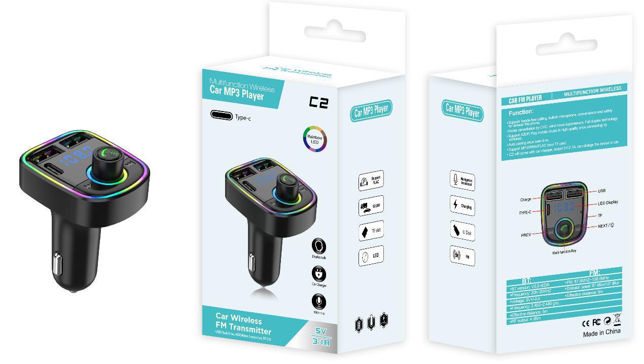 C1 Bluetooth-freisprecheinrichtung Mit Mp3-player, Fm-transmitter Und Kfz-ladegerät – C2 Mit Verpackung