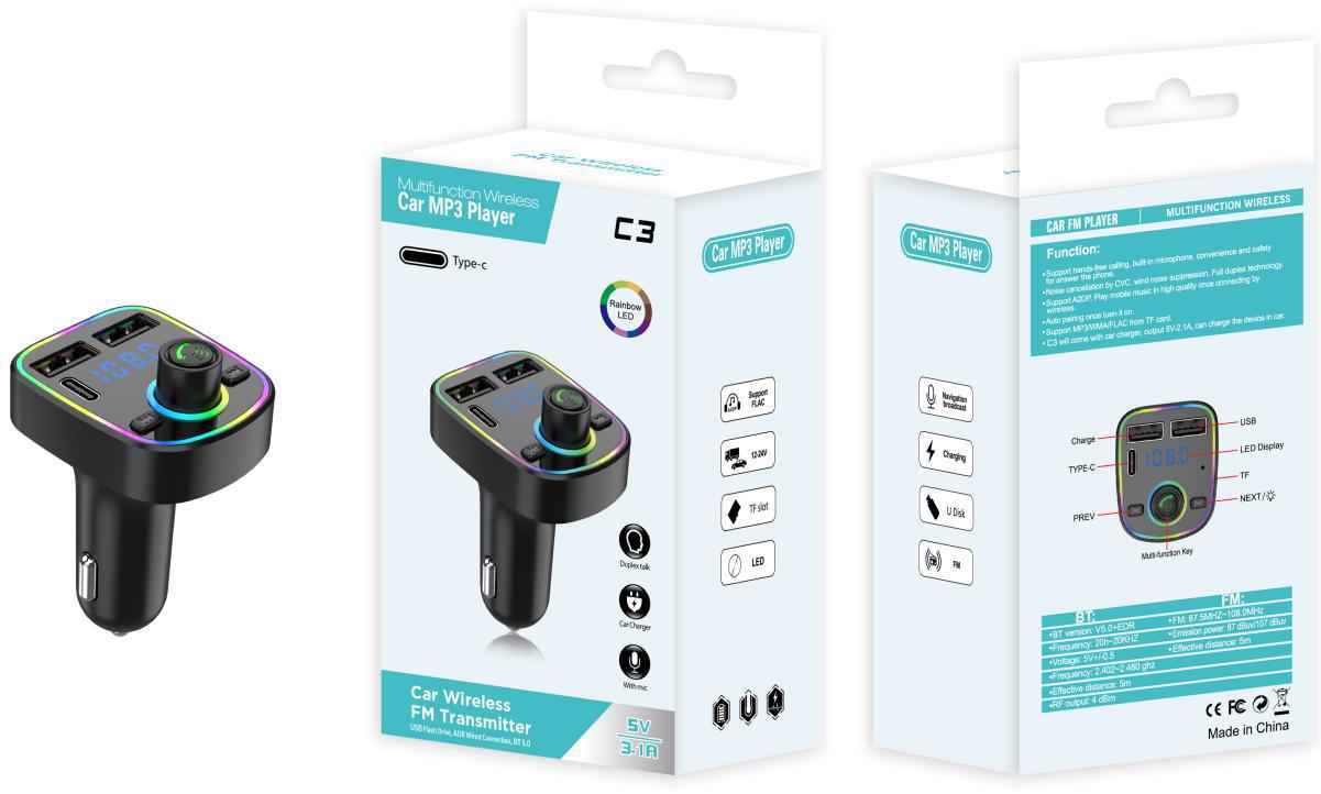 C3 Auto-bluetooth-freisprecheinrichtung Mit Mp3-player, Fm-transmitter, Kfz-ladegerät Und Verpackung