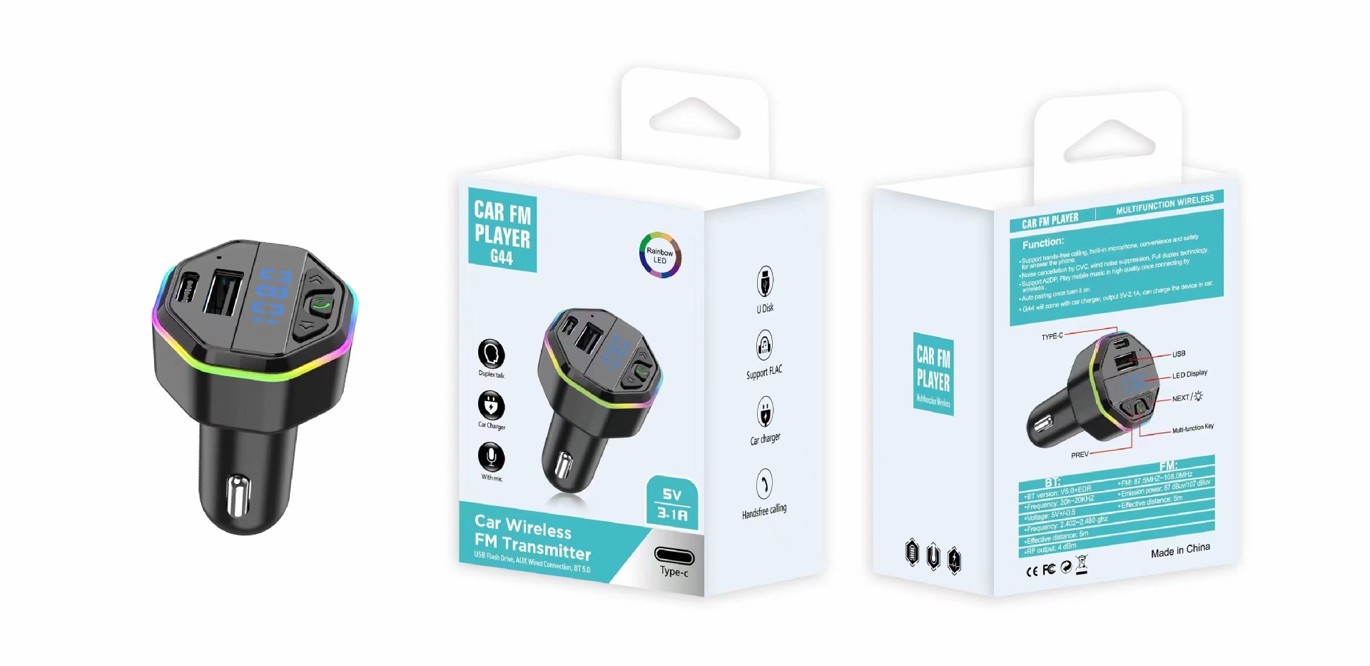 G43 Bluetooth-freisprecheinrichtung Mit Mp3-player, Fm-transmitter, Kfz-ladegerät Und Verpackung – G44