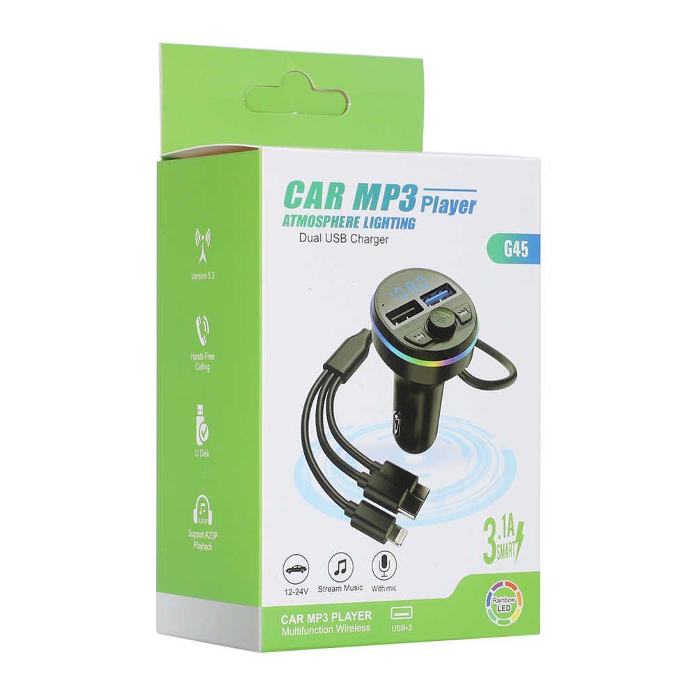G45 Auto-bluetooth-mp3-player Mit 1-zu-3-ladekabel, 5v/3a-schnellladefunktion, Freisprechfunktion, V5.3 – G45 Farbbox-verpackung