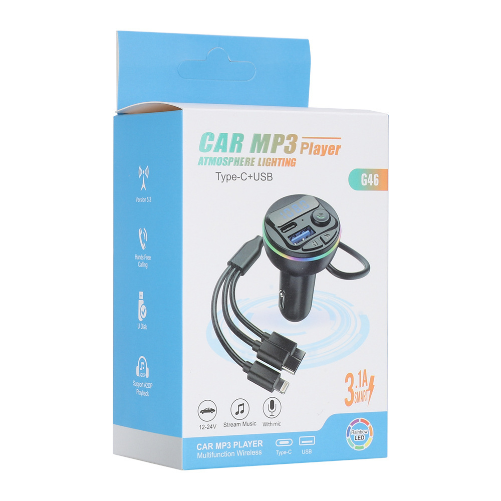 G46 Auto-bluetooth-mp3-player Mit 1-zu-3-ladekabel, 5v/3a-schnellladefunktion, Freisprechfunktion, V5.3 – G46 Farbbox-verpackung