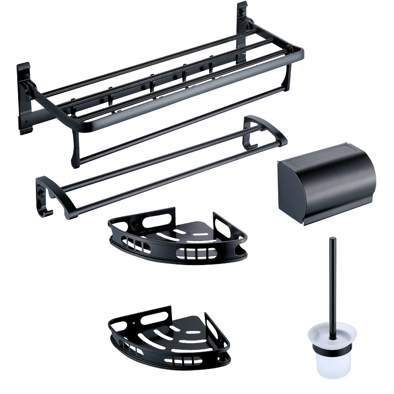 Handtuchhalter Fürs Badezimmer (kein Bohren Erforderlich), Hängeregal Aus Aluminium Für Das Badezimmer, Handtuchstange, Badezimmeraccessoires – Fünfteiliges Set In Schwarz Lackiert