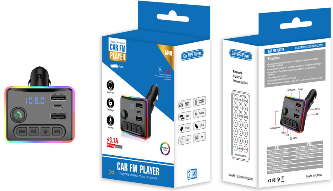 M51 Auto-mp3-bluetooth-player, Usb-flash-drive-musikplayer, Pd-ladegerät, Schnellladefunktion, Freisprechfunktion, Empfänger, Fm-transmitter -- M49 Basisgerät + Fernbedienung, Verpackt In Einer Farbbo