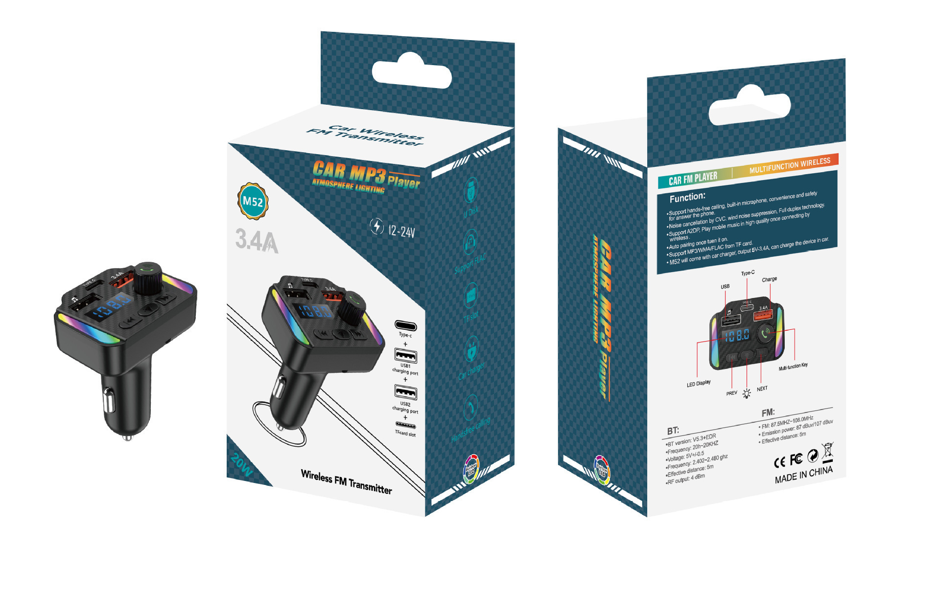 M52 Auto-mp3-player Mit Farbiger Ambientebeleuchtung, Bluetooth-freisprecheinrichtung, Aux-audioeingang Und Fm-radio – M52 Boxed Version