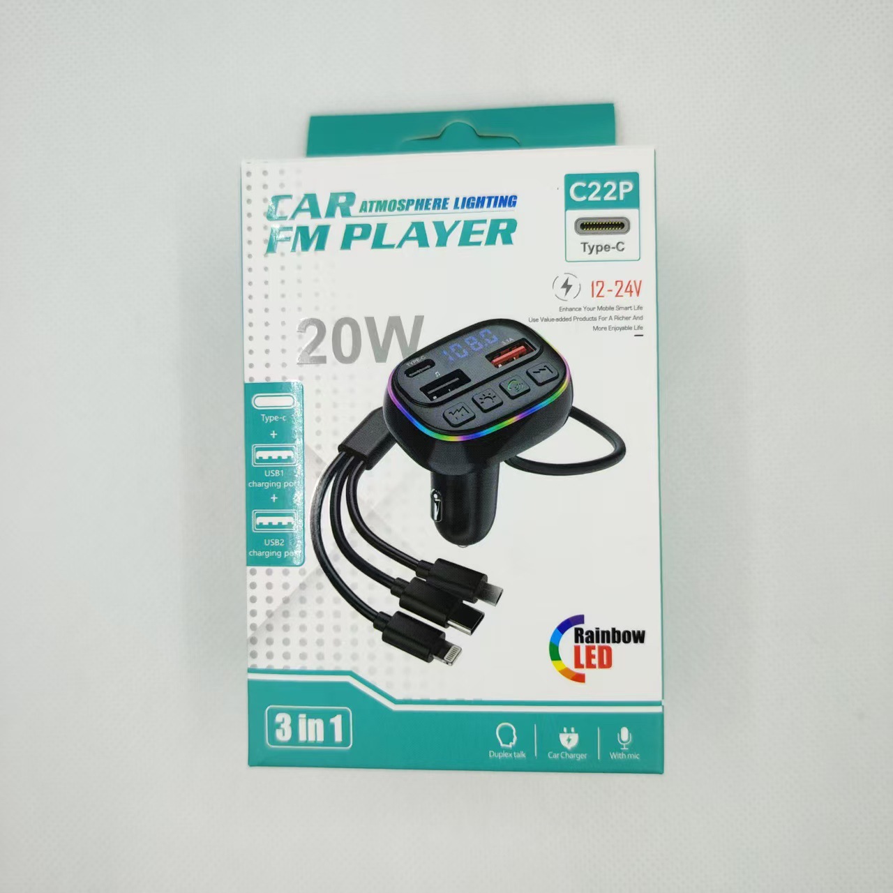 Neuer C22p Auto-bluetooth-mp3-player Mit 3-in-1-ladekabel, 5v 3a Autoladegerät Und Freisprechfunktion – C22p In Farbbox Verpackt