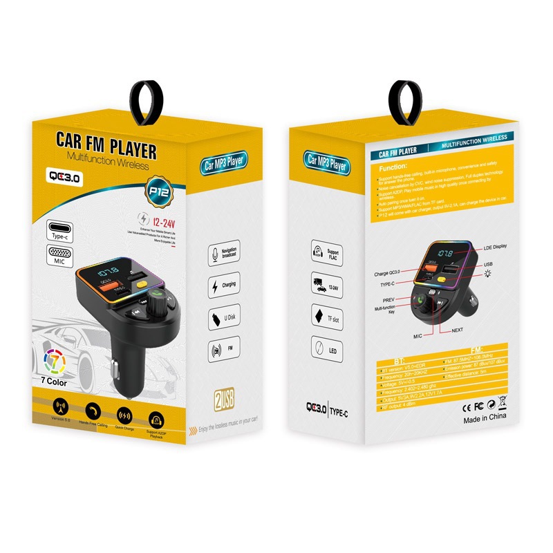 P12 Fm-transmitter Fürs Auto, Bluetooth-freisprecheinrichtung, Qc3.0-schnellladefunktion, Mp3-player, Musikwiedergabe – P12 Mit Verpackung
