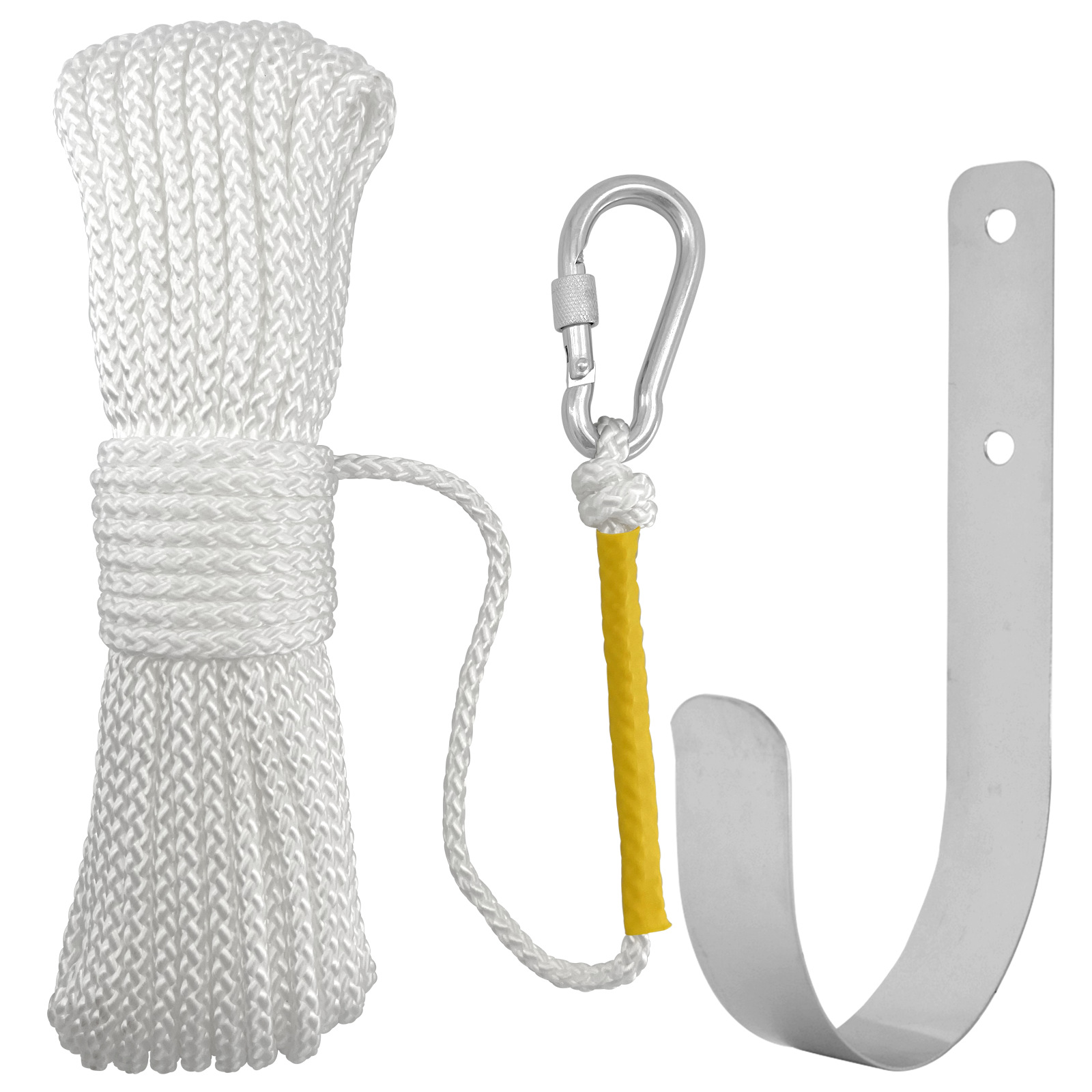 Nylonseil + Federhaken + Schwimmhaken/rettungsringhalterungsset Für Den Außenbereich, Ankerseil, Rettungsringseil – Weißes Set – Nylon