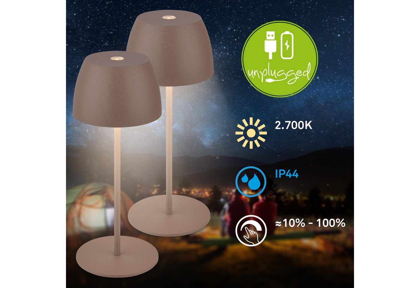 Briloner Serina Mini Mini Led Tischlampe Kabellos Ip44, 2er Set, Dimmbar, Touch, Spritzwasserschutz, Kabellos, Umbrasand, Ø8 X 20 Cm