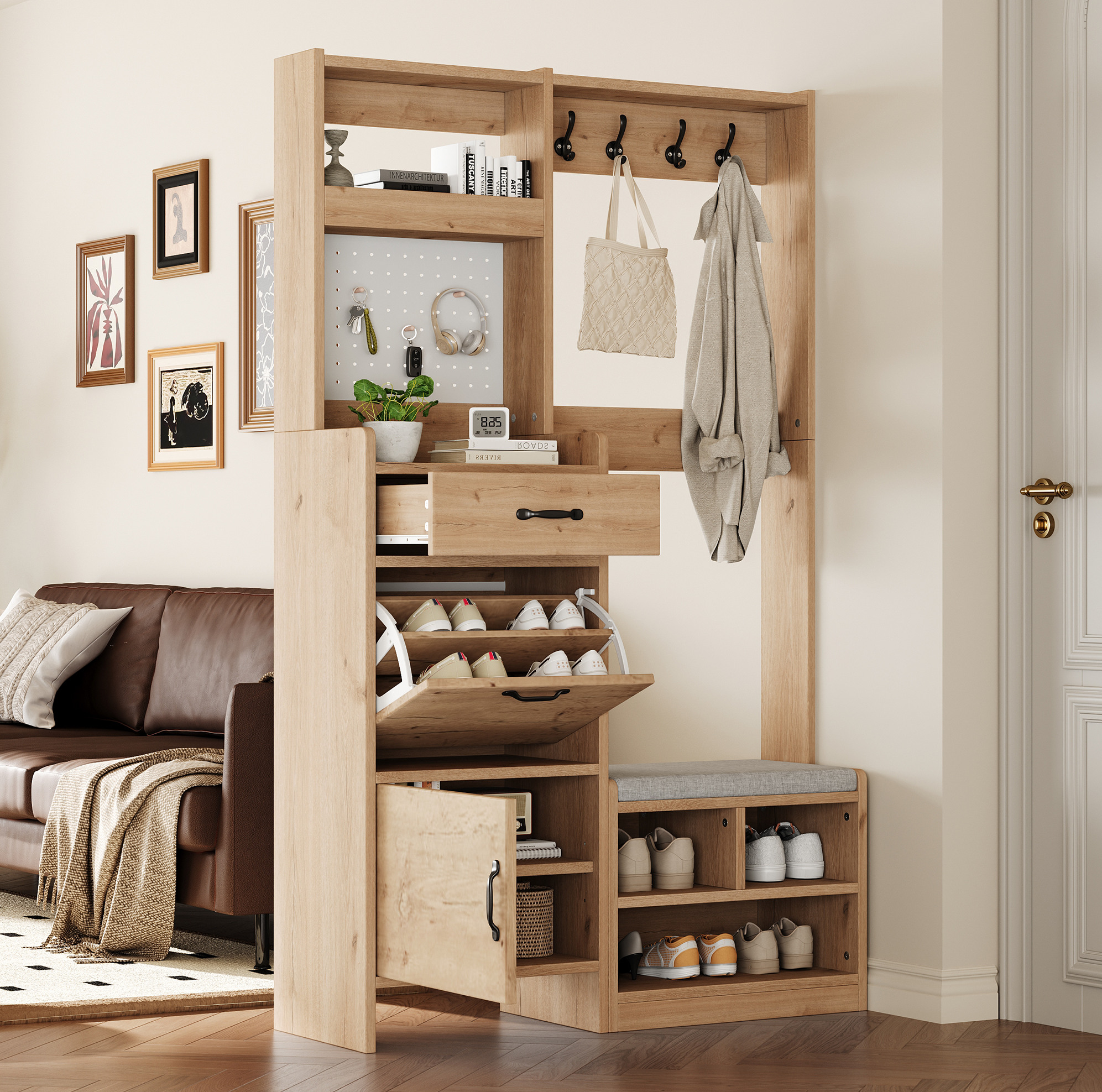 Garderobenschrank Aus Spanplatte In Natur Und Weiss Mit 4 Haken, 108,5 X 35 X 180 Cm, Mit Sitzbank Und Stauraum