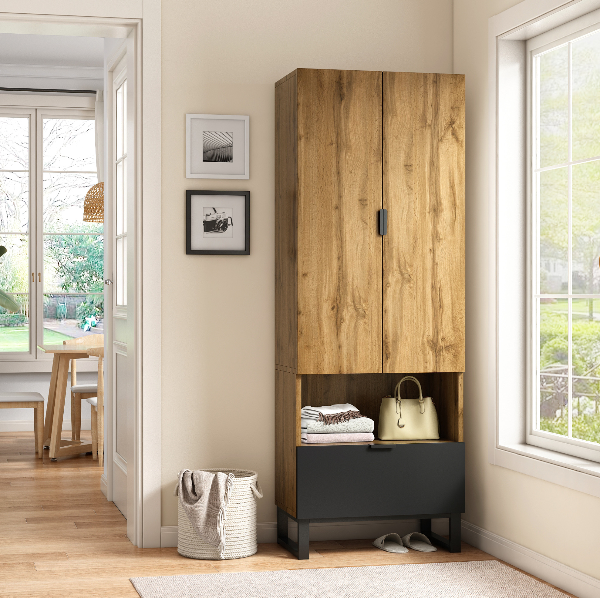 Garderobenschrank Aus Spanplatte In Natur Und Schwarz, 65 X 38 X 180 Cm, Mit Kleiderstange, 3 Regalböden, Schublade Und Offenem Fach