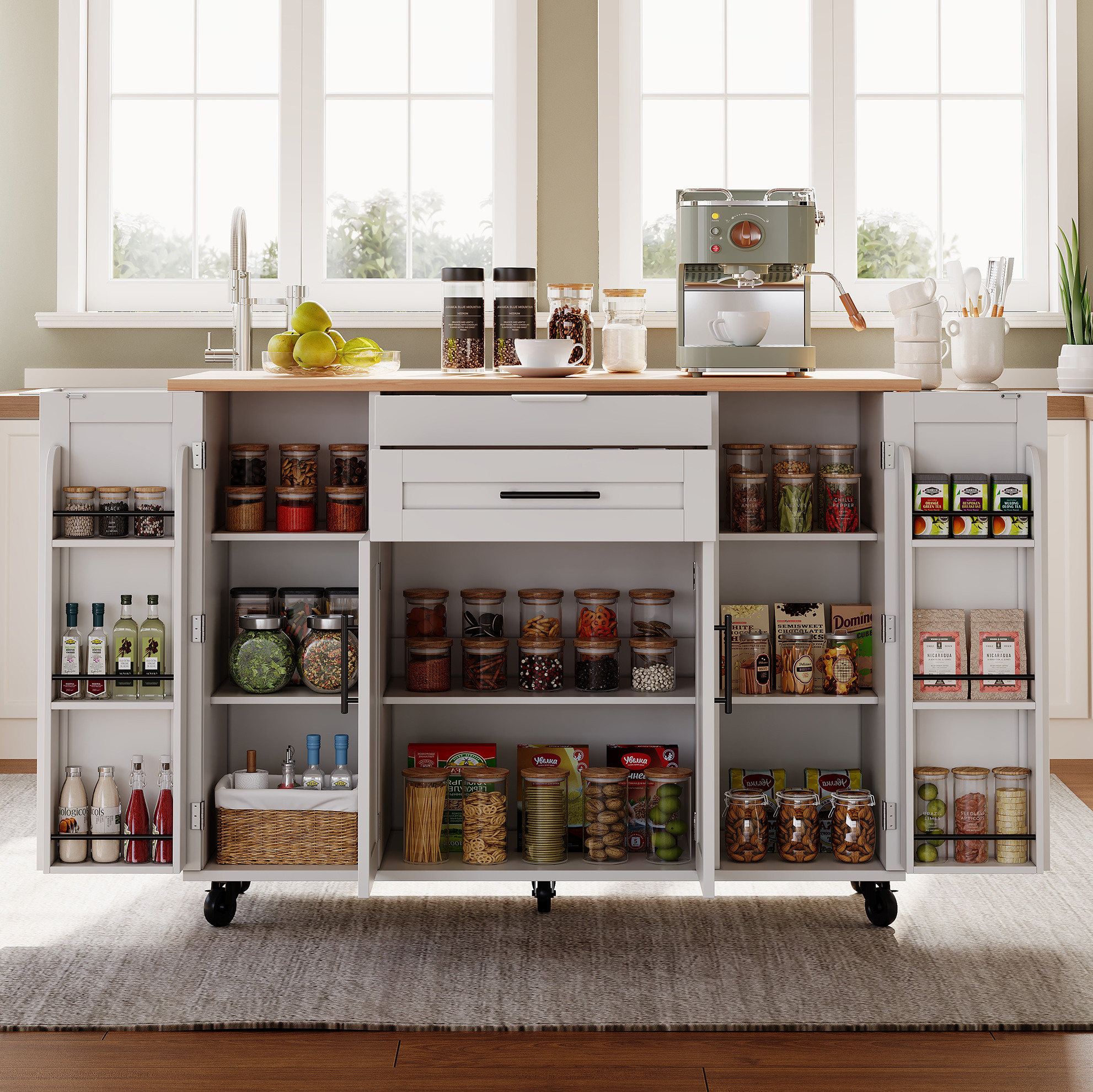 Kücheninsel Mobil 136x70x92 Cm Weiß/natur Mit Ausziehbarer Arbeitsplatte, Schubladen Und Stauraum