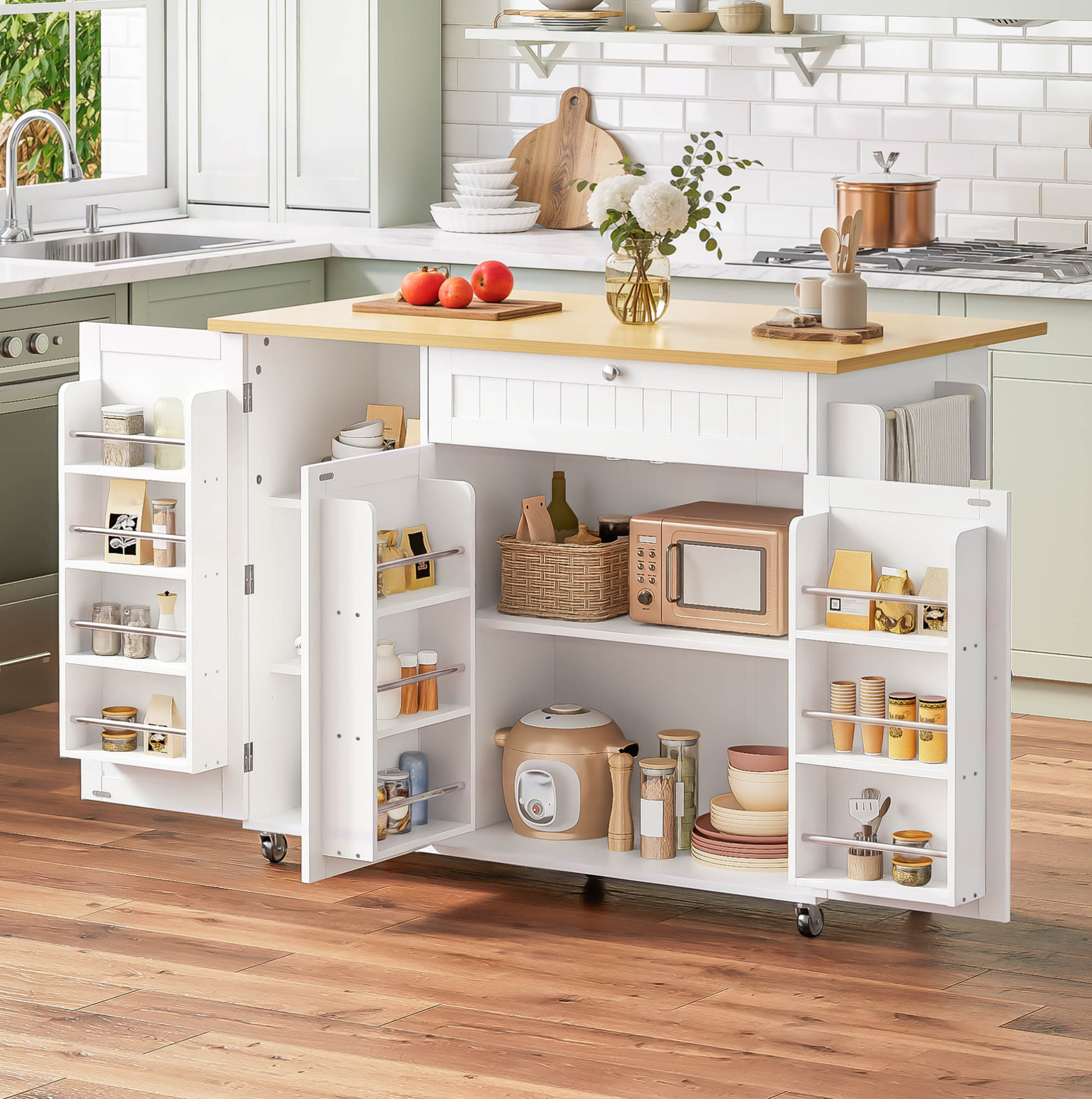 Kücheninsel 120/45(70)/92 Cm Aus Mdf In Natural+white Mit Klappplatte, Schublade Und Rollen