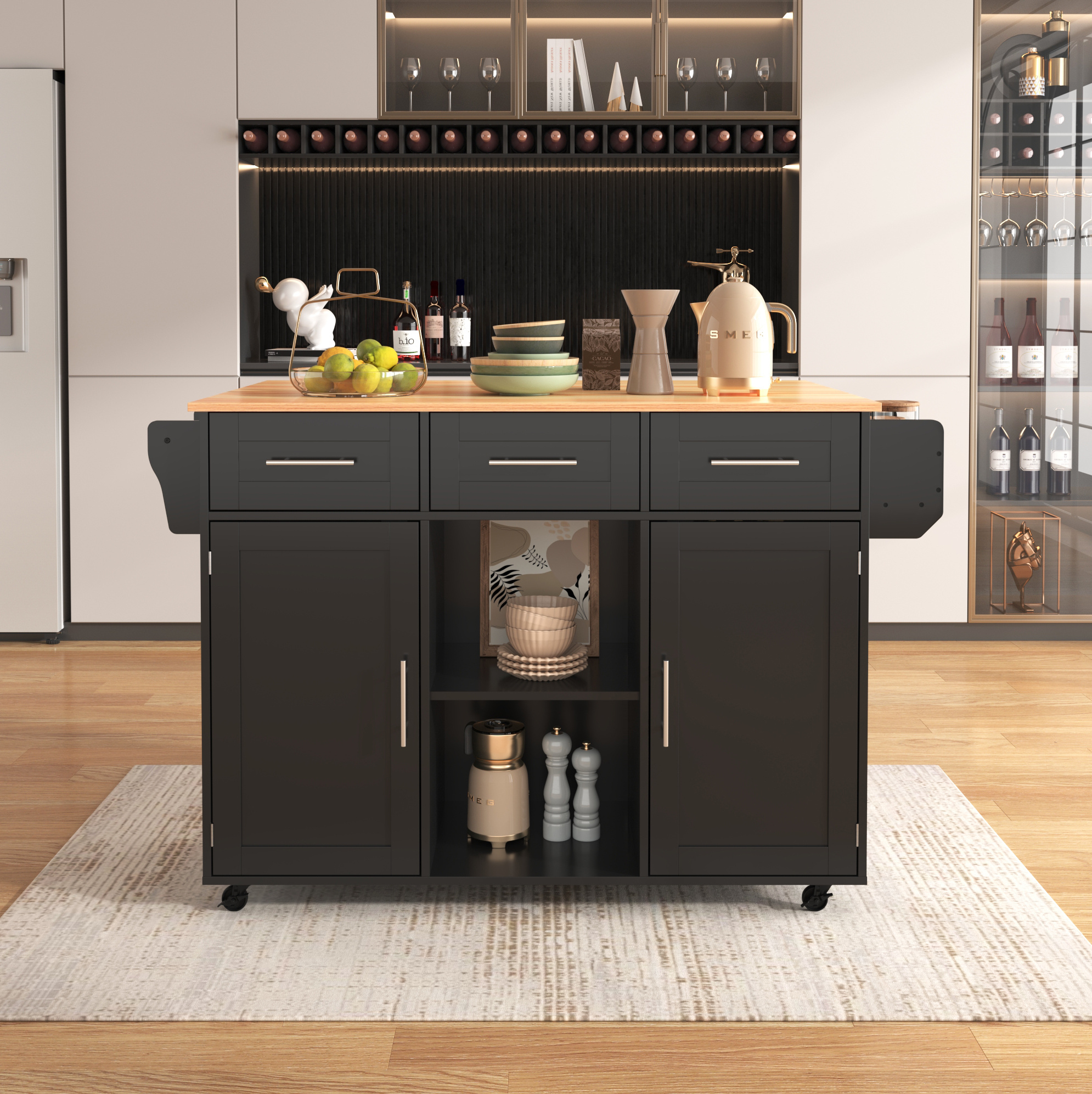 Küchenwagen 139/46(71) Cm In Schwarz/natur Mit Klappbarer Arbeitsplatte Und Stauraum