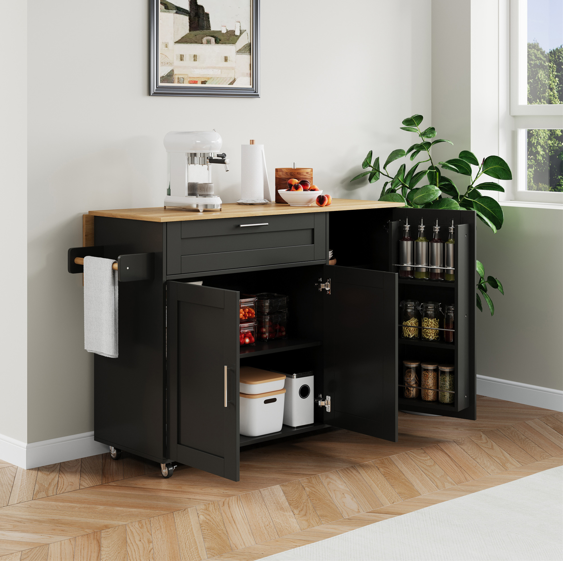 Küchenwagen 132,5/44(70)/90 Cm In Schwarz Natur Mit Klappbarer Arbeitsplatte Und Stauraum