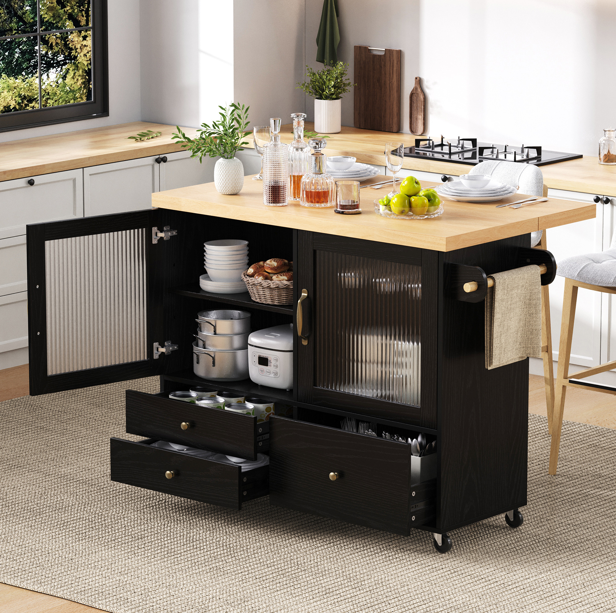 Kücheninsel 100 X 42-70 X 91,5 Cm In Schwarz/natur Mit Klappplatte, Stauraum Und Weinglashalter