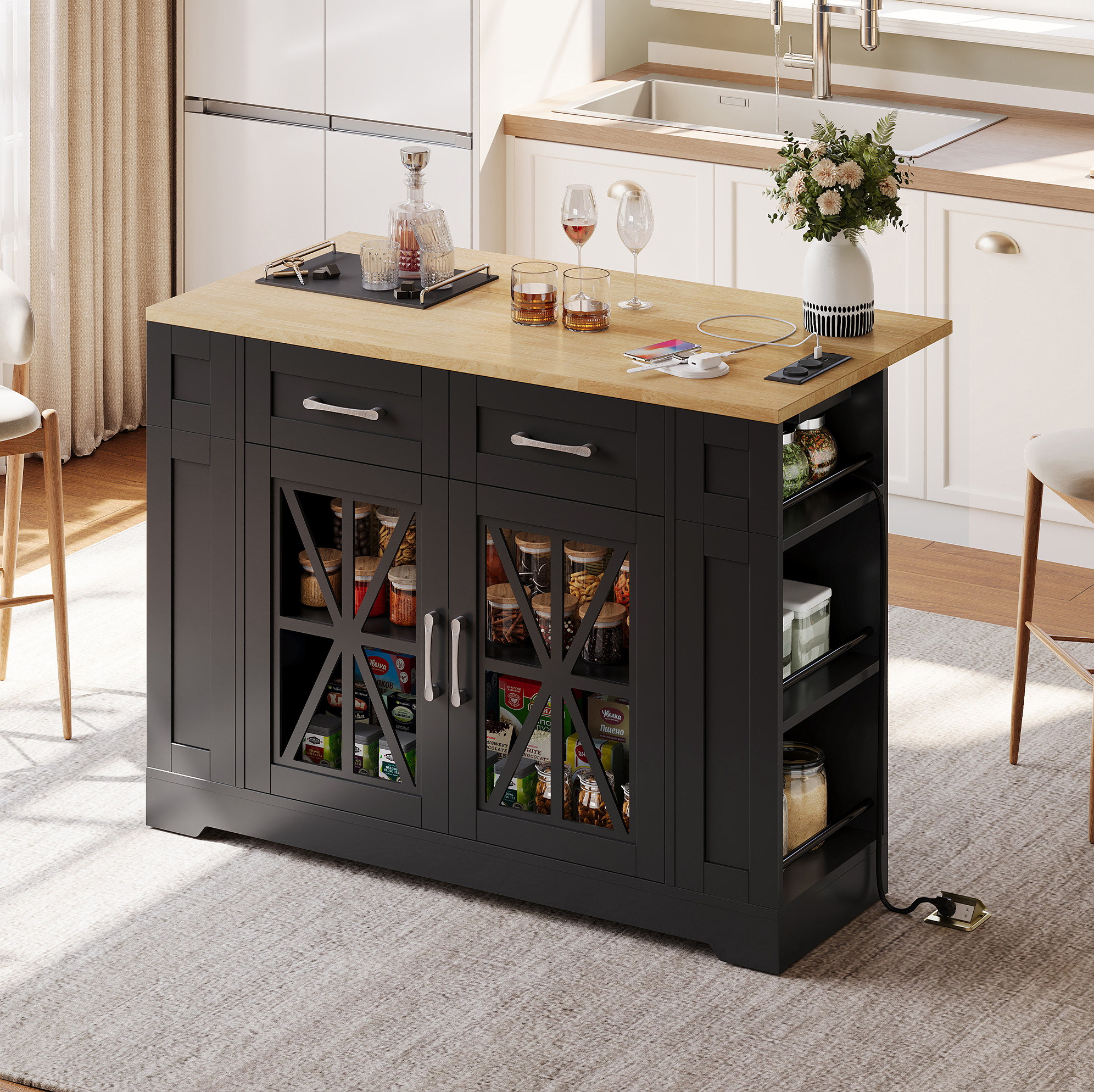 Kücheninsel 120 Cm Mit Klapptisch, Ac-/usb-anschluss, Glas­türen Und Rollen Mit Bremse