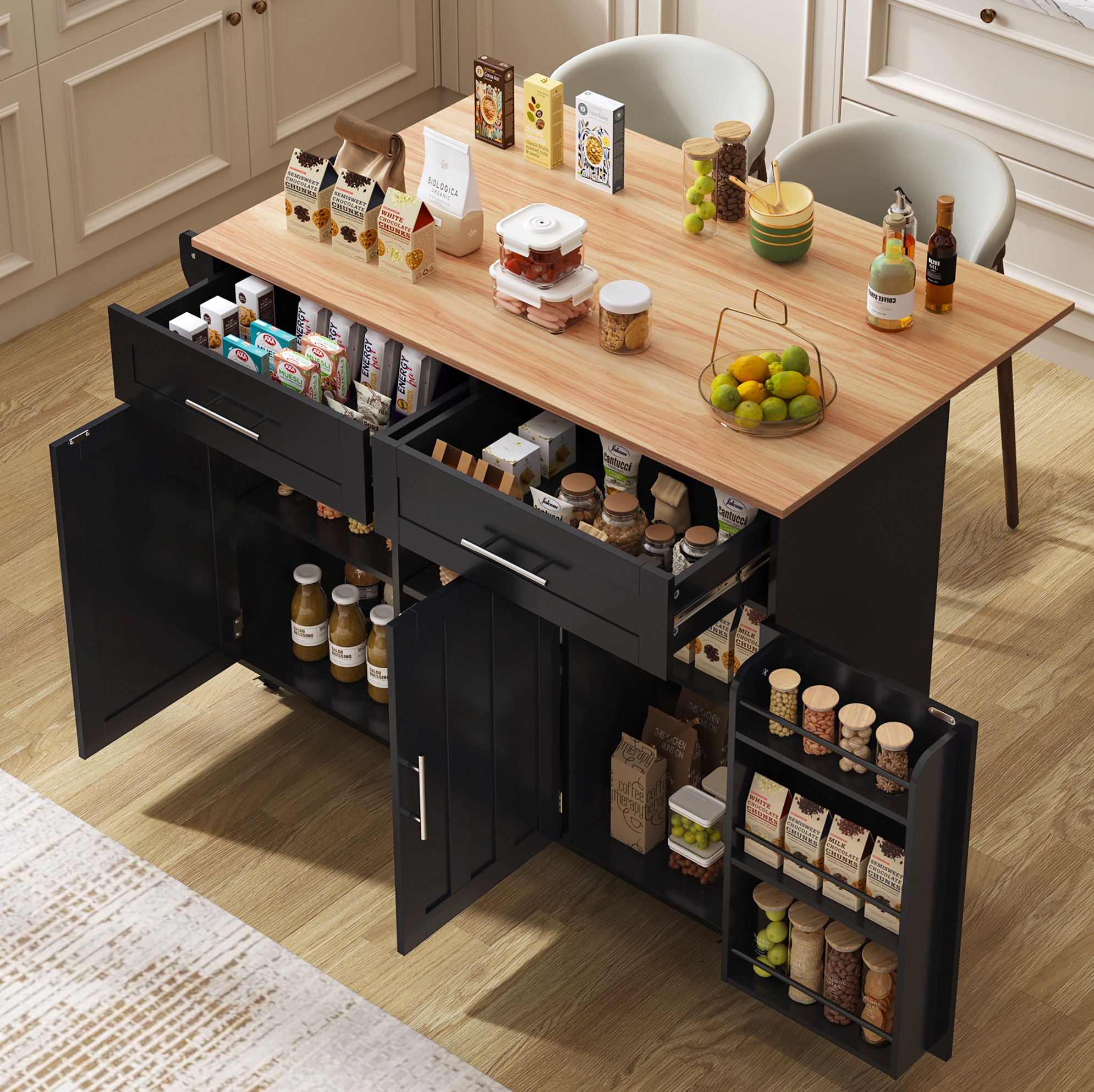 Kücheninsel / Sideboard 129/71/91,5 Cm Schwarz Und Natur Mit Klappplatte Und Stauraum