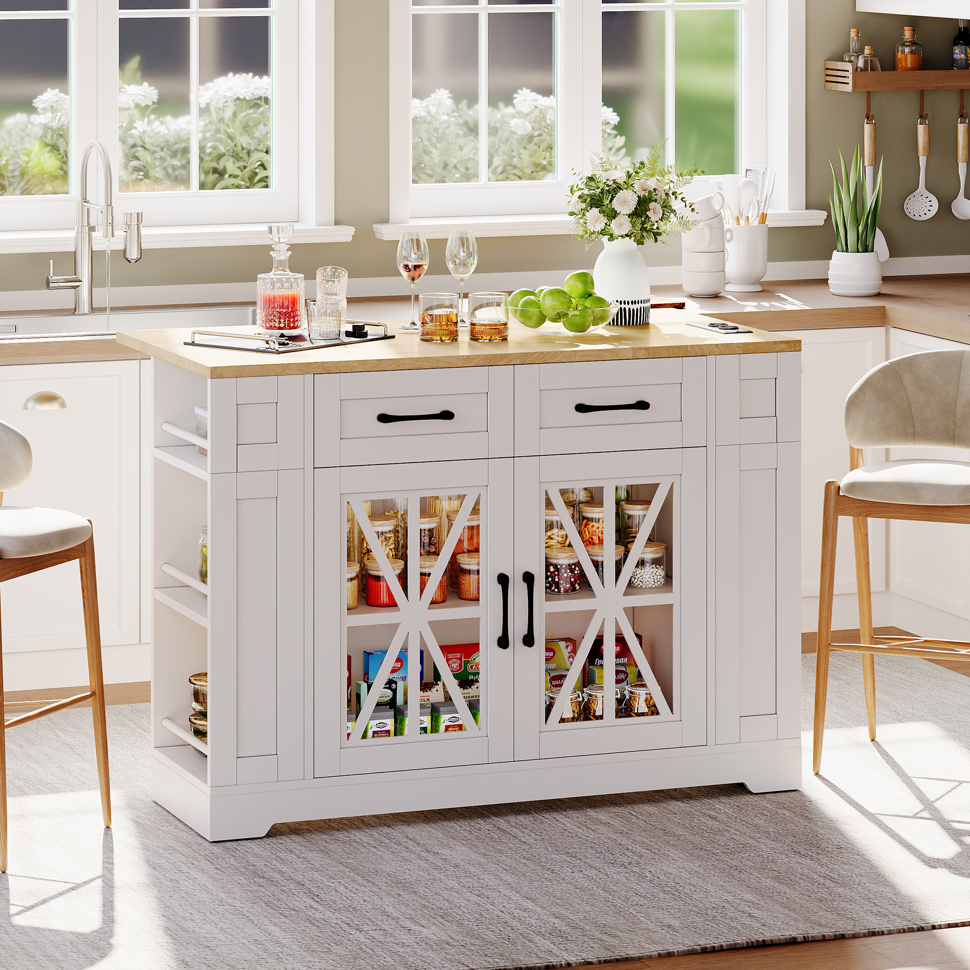 Kücheninsel 120/40(65)/92 Cm Weiß/natur Mit Klapptisch, Usb-anschlüssen Und Rollen