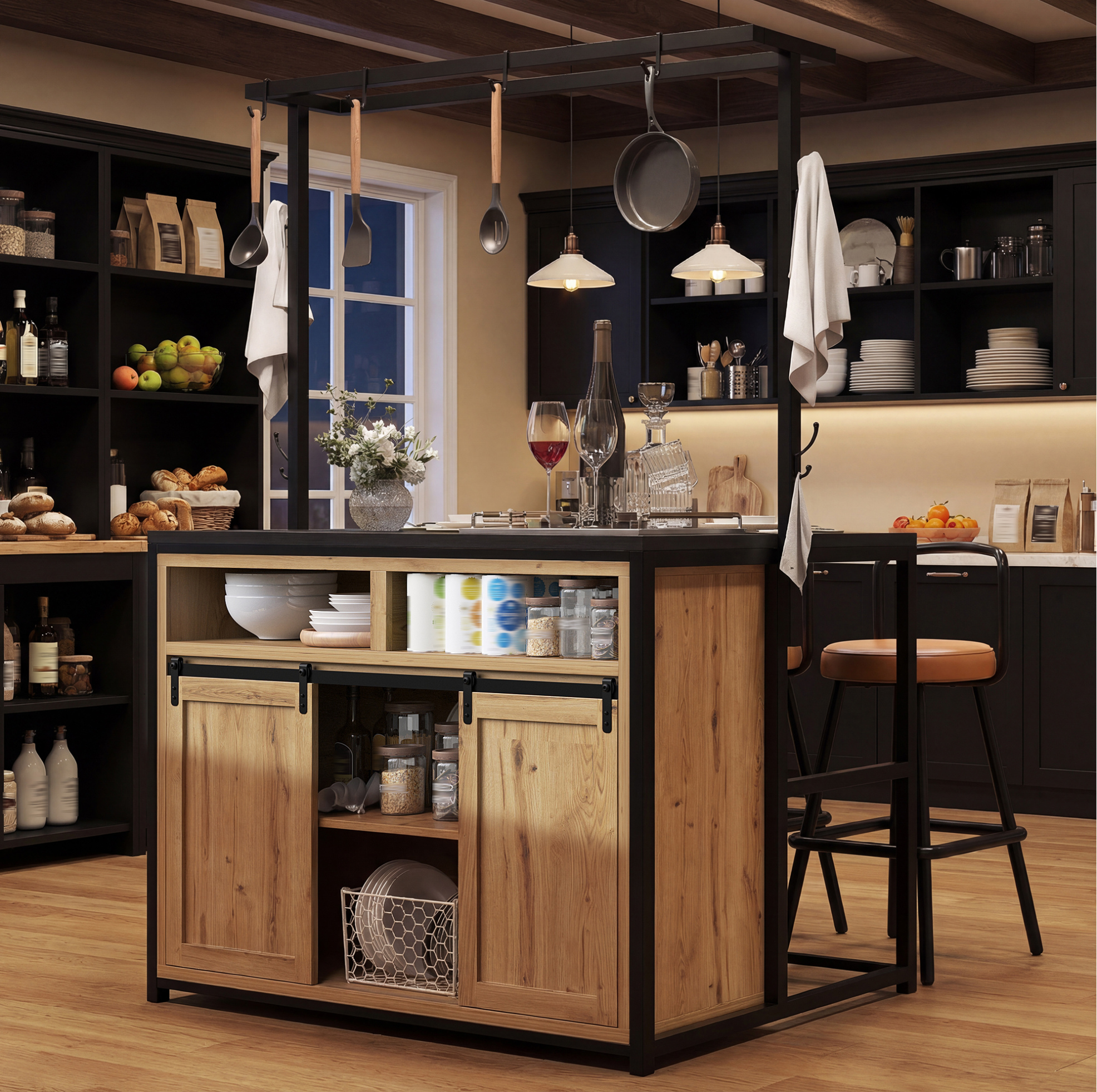 Küchenschrank 107/62/183 Cm In Holzoptik Mit Steckdosen Und Hängeregal