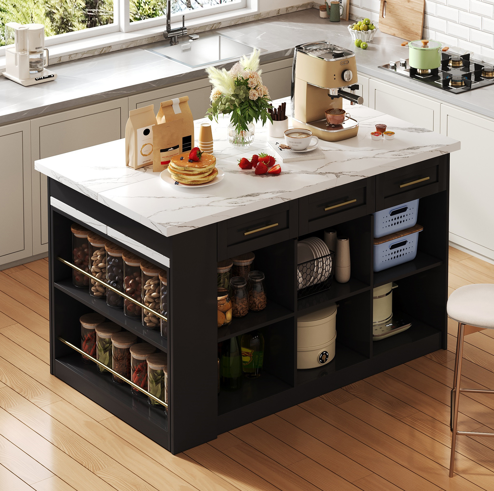 Kücheninsel 150/90/90 Cm In Schwarz Und Weiß Mit Ausziehbarem Tisch, Schubladen Und Stauraum