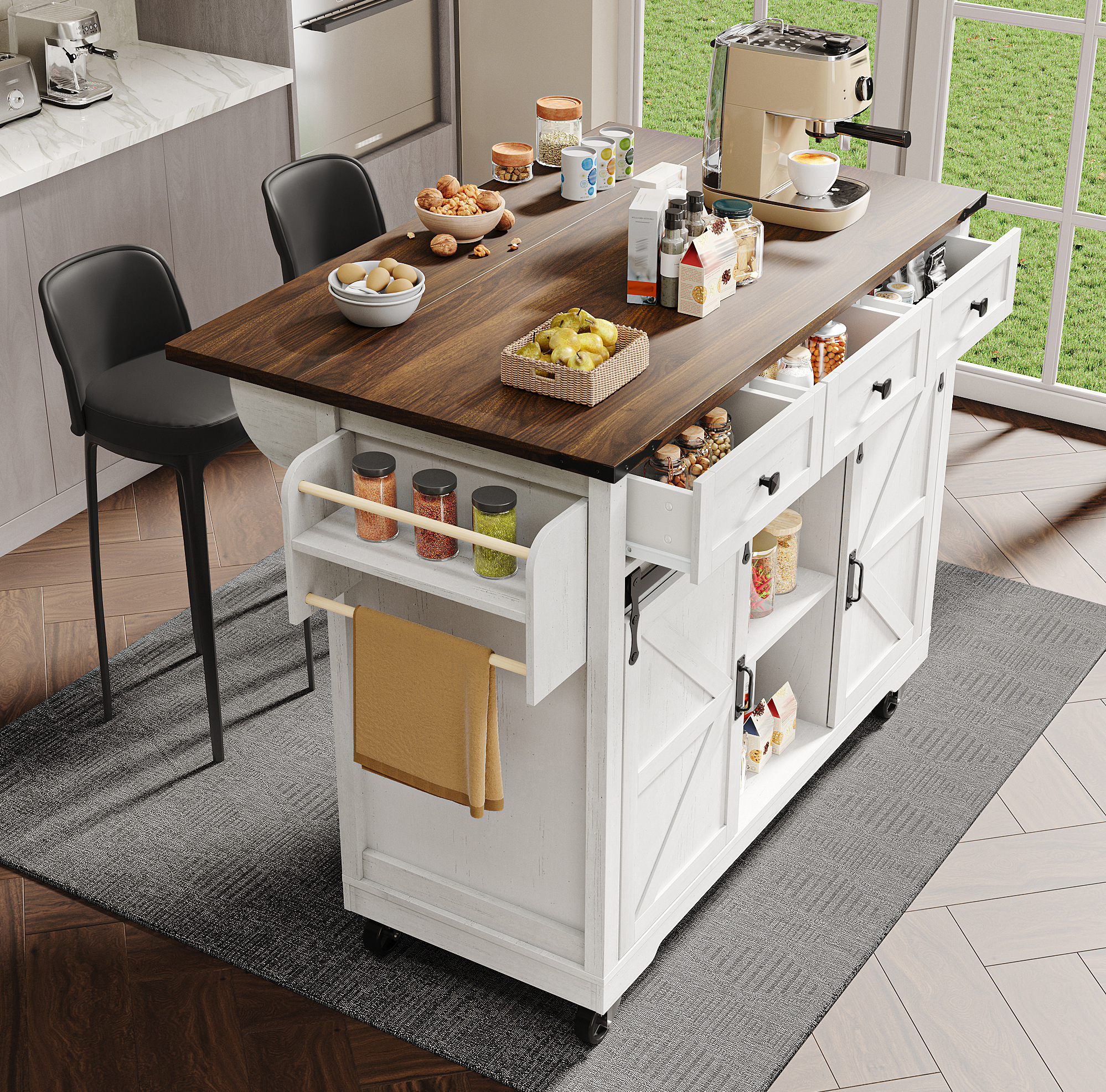 Kücheninsel 140/73/94 Cm Beige Mit Klappplatte, 3 Schubladen Und Rollen