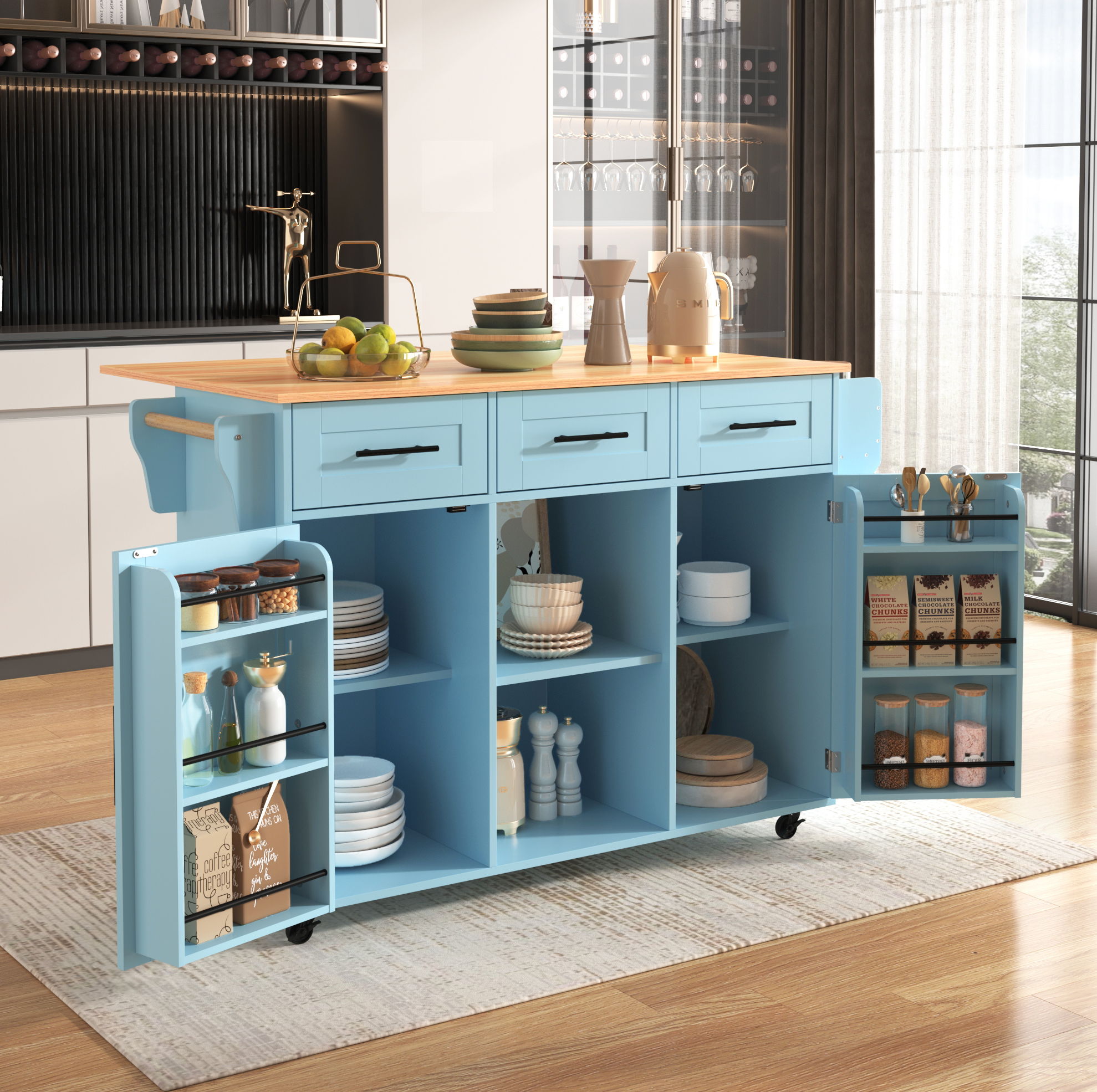 Küchenwagen 139/46(71)/91,5 Cm Blau Mit Klapptisch, 3 Schubladen Und Rollen