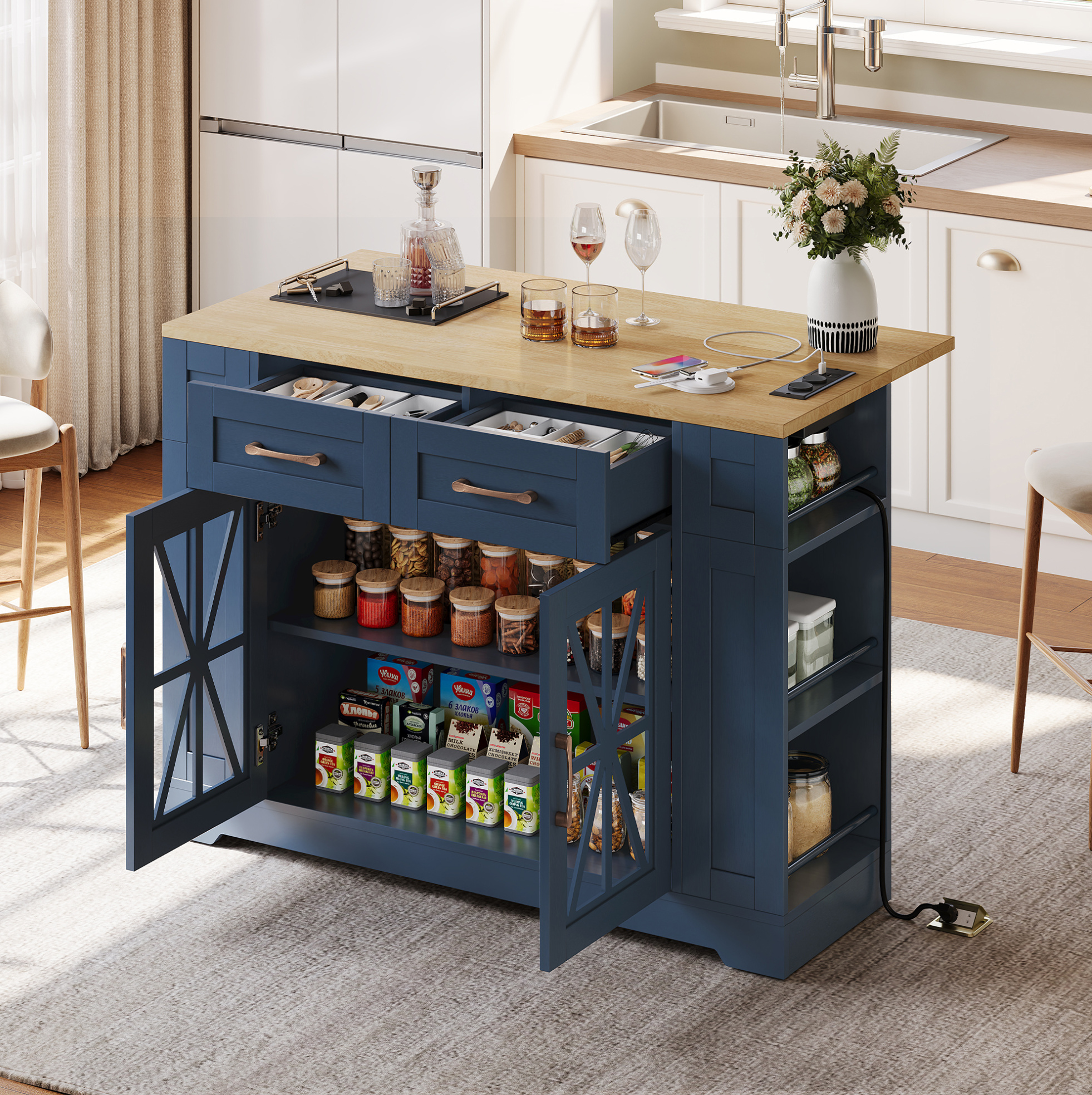 Kücheninsel 120/40(65)/92 Cm In Blau/neutral Mit Klapptisch, Usb- Und Ac-anschluss