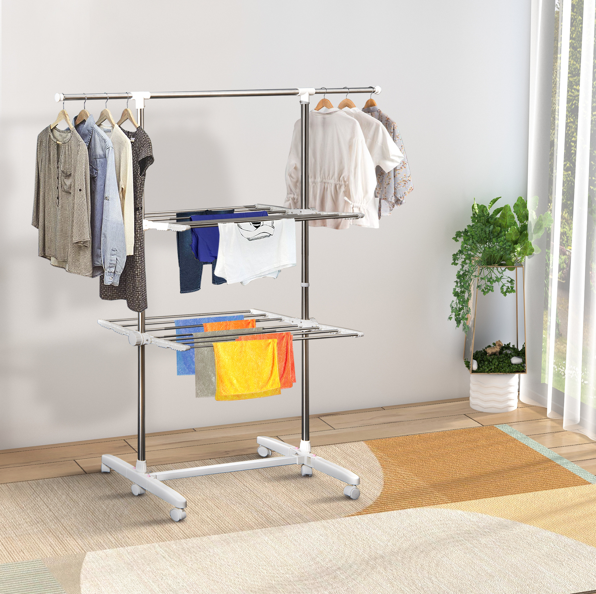 Mobiler Wäscheständer Aus Kunststoff In Silber, 2 Ebenen, Länge 83-136,5 Cm Verstellbar, 6 Rollen, Belastbarkeit 15 Kg