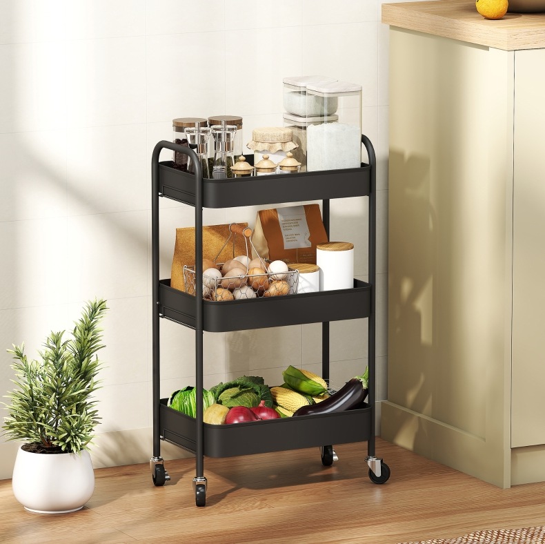Rollwagen 45 X 30,6 X 79 Cm Schwarz Mit 3 Körben Und Bremsrollen